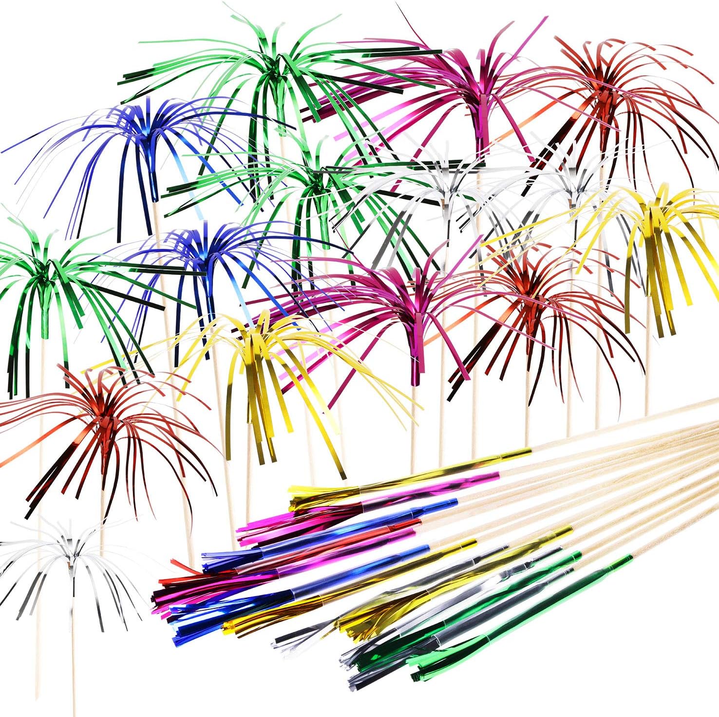 Penta Angel Foil Firework Cupcake Toppers 50Pcs 9 Inch Multicolor Cake Cocktail Food Fruit Drinks Picks Toothpick Sticks for Christmas Birthday Wedding Bridal Shower Graduation Party Decoration