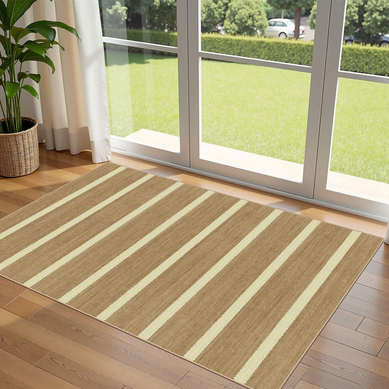 Othilic Striped 3x5 Entry Rug - Small Washable Indoor Outdoor Mats for Front Door Non-Slip Porch Rug Tan Beige Farmhouse Throw Rugs for Living Room Bedroom Entryway Kitchen Mudroom Office Porch Decor