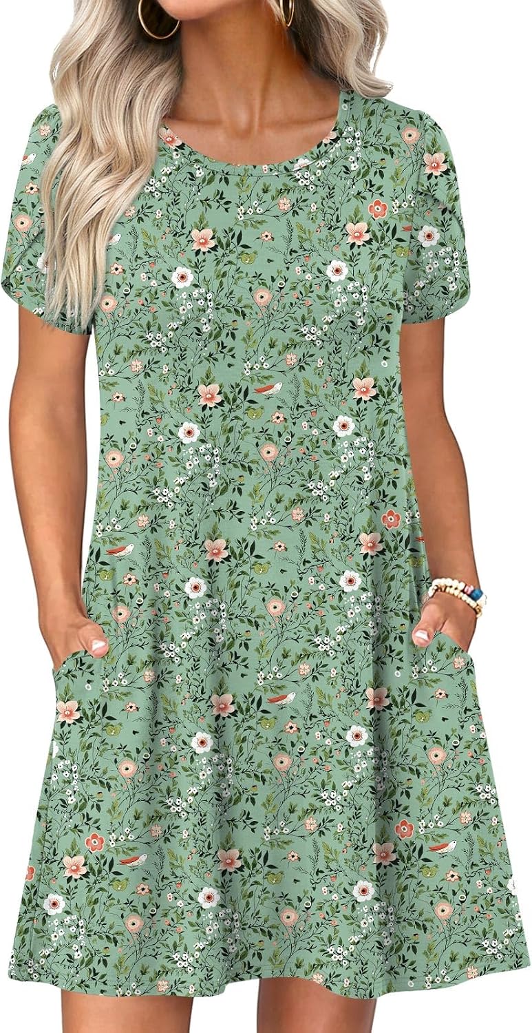 HOTGIFT 2026 Womens Dress Summer Short Sleeve Crewneck Sundress with Pockets M-4XL