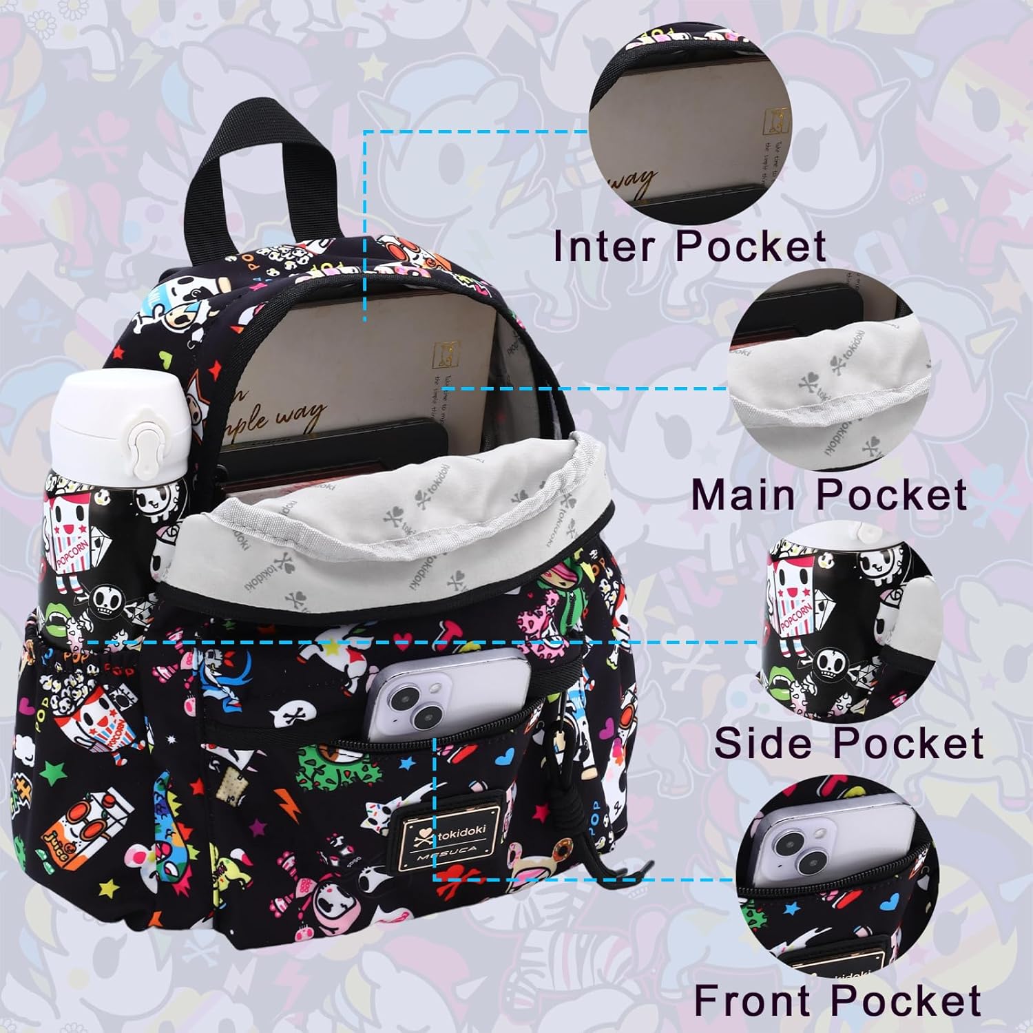 Tokidoki Kawaii Mini Backpack for Women, Light Weight Small Waterproof Backpack Purses, Cute Unicorn Catoon Quilted Casual Daypack for Daily Work & Travel (Black) - Image 4