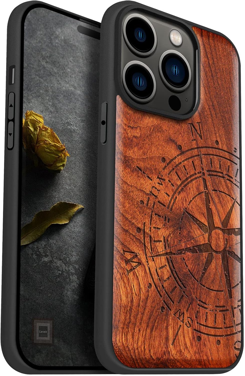 Carveit Magnetic Wood Case for iPhone 14 Pro Case [Natural Wood & Black Soft TPU] Unique & Classy Wooden Shockproof Protective Cover Compatible with magsafe (Vintage Compass -Blackwood)