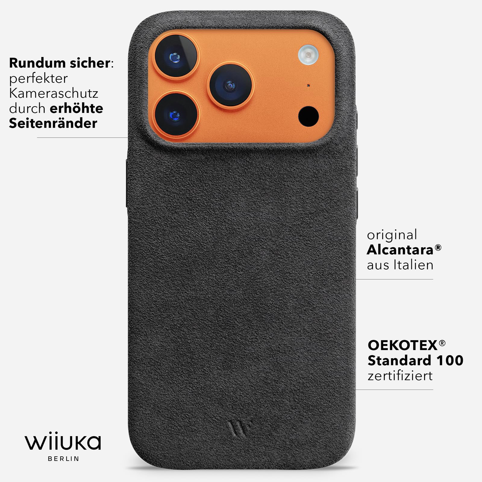 WIIUKA Funda para iPhone 17 Pro Max, original de Alcantara, hecha a mano, protección de 360°, extrafina, de primera calidad, funda para teléfono móvil Qi, alternativa de piel, skiin VL Alcantara