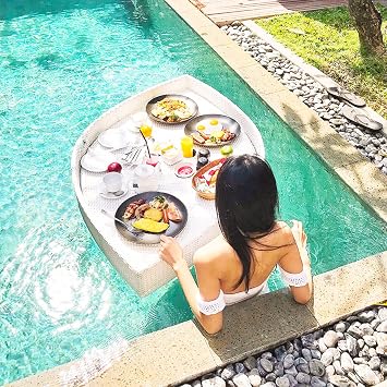 Floating Tray for Pool, Floating Pool Table, Floating Drink Holder for Pool, Floating Bar for Pool, Rattan Breakfast Tray On The Water, Floating Serving Tray,White-Leaf