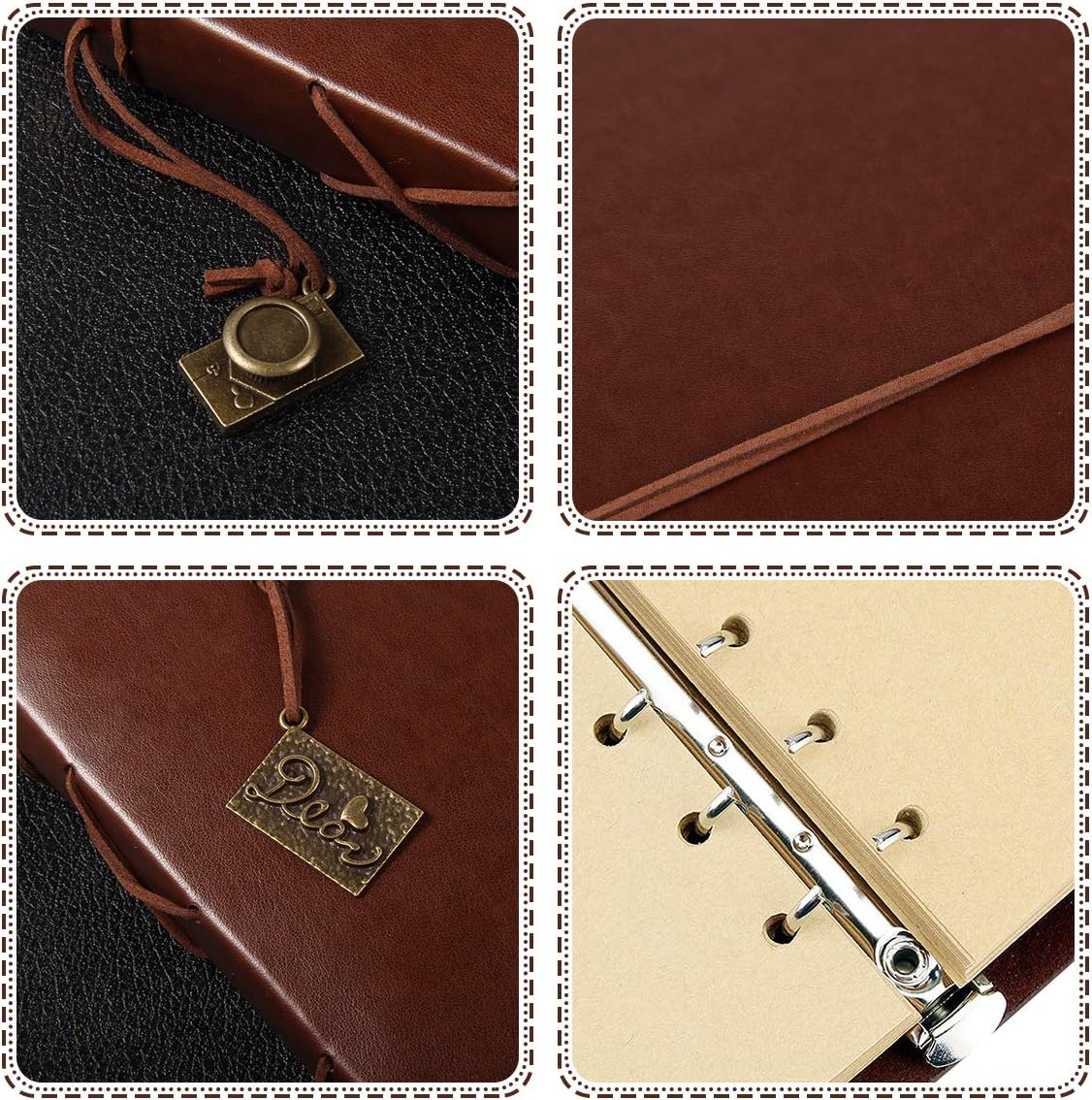 ThxMadam Vintage Notebook A5 Brown Leather Cover Writing Notebook loose leaf Travel Journal Diary Refillable Sketchbook with 200 Kraft Pages/100 Sheets and 1 PVC Zipper Pocket Gift for Man Woman - Image 4