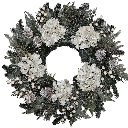 24” Glitter Pine Christmas Winter Wreath with Metallic Silk Hydrangea,