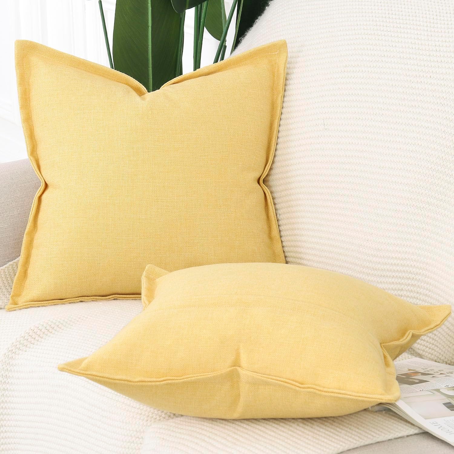 MADIZZ Pack of 2 Faux Rustic Linen Throw Pillow Covers with Flange Edge Soft Boho Natural Decorative Pillowcases for Sofa Living Room Modern Throw Pillows for Bed 24x24 Inch Yellow