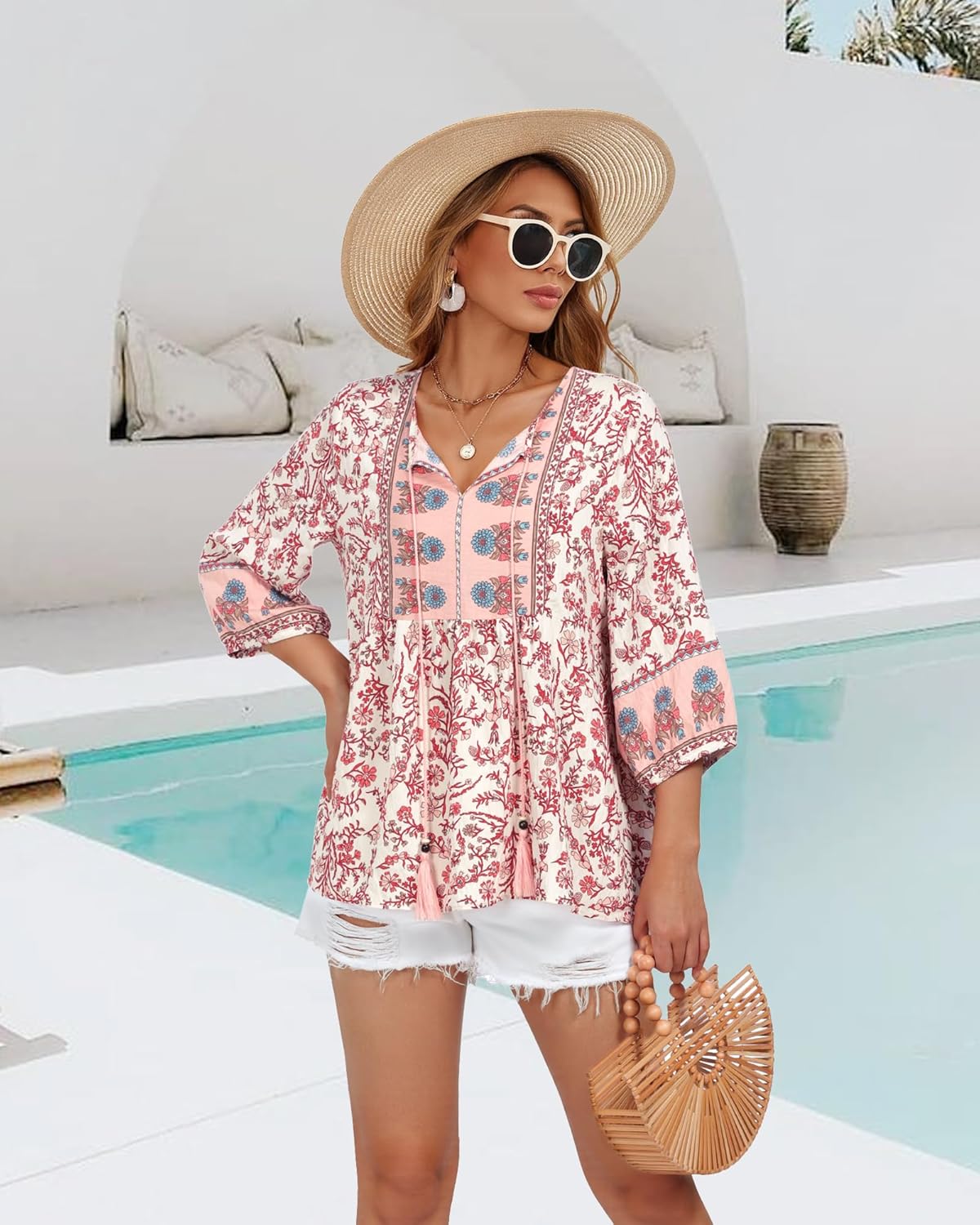 Vivilli Womens Summer Boho Babydoll Tops 3/4 Sleeve Pleated Peplum Blouses Casual V Neck Tie Front 2026 Tunic Tops - Image 4