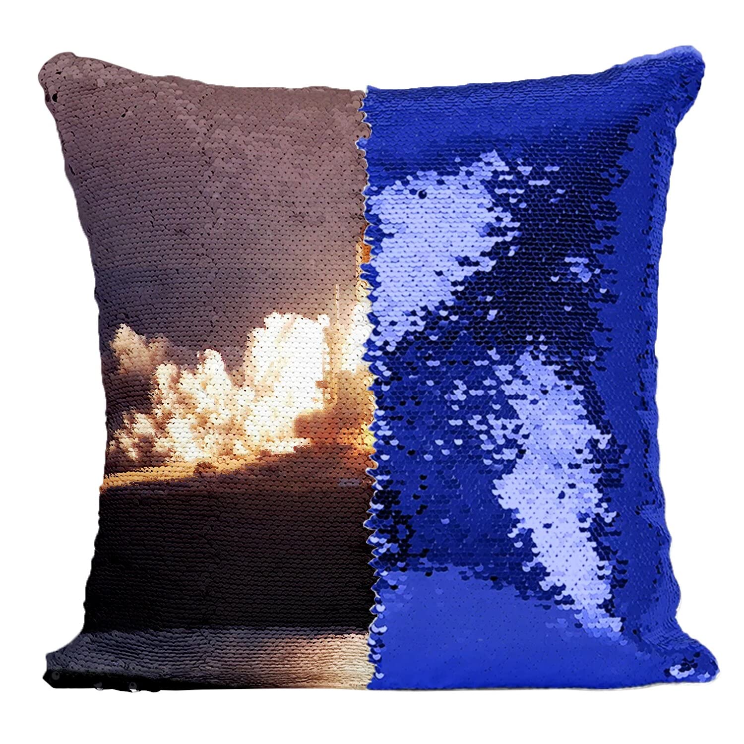 Coussin paillettes bleu décollage navette spatiale et exploration espace