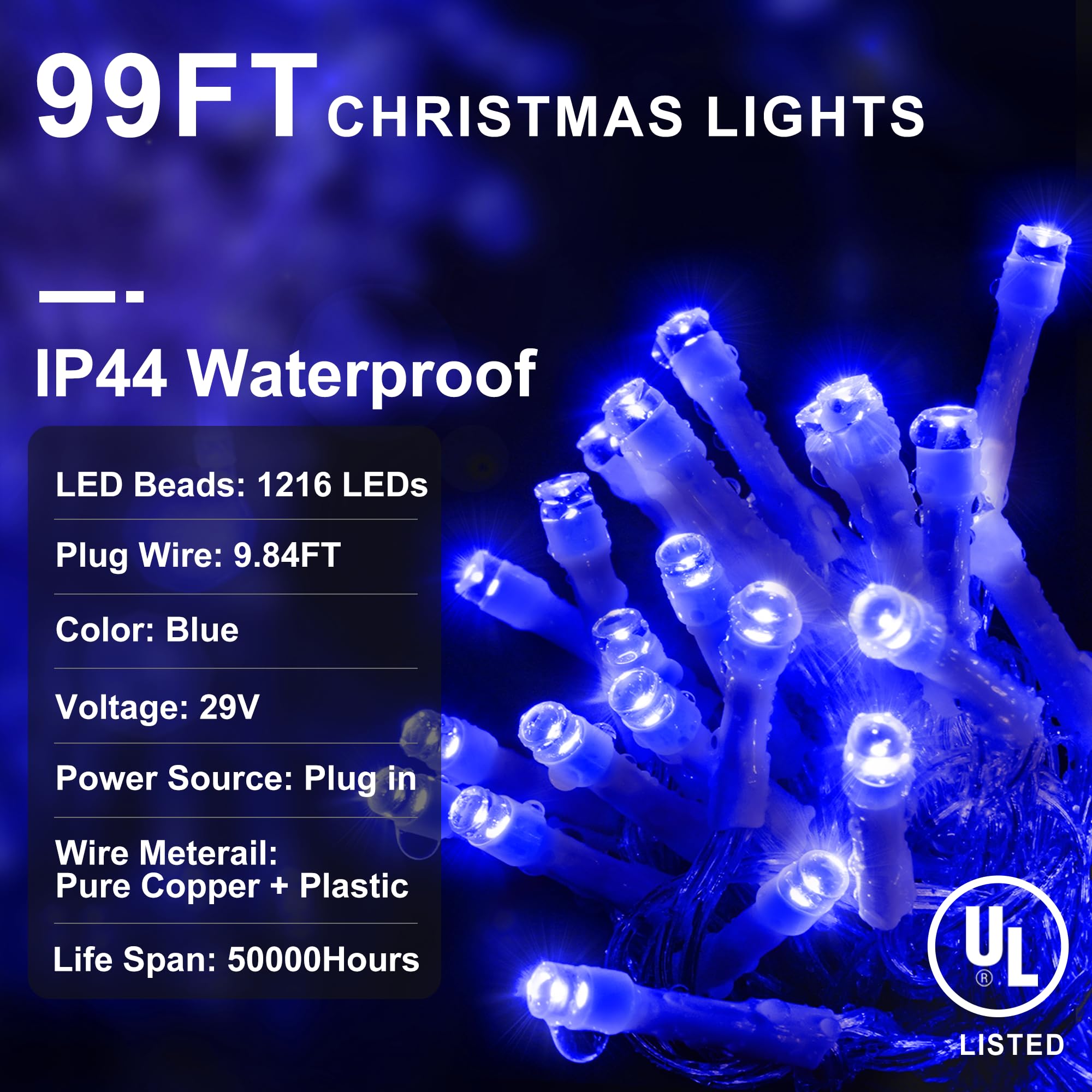 KNONEW Luces LED de Navidad, 100 pies 1216 LED 8 modos, cortina de hadas de alambre transparente LED String Decoración para Navidad, Acción de Gracias Halloween Fiesta Fondos Decoraciones (azul)