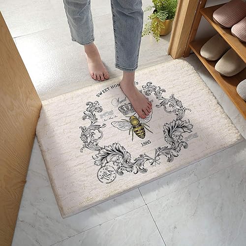 Miniatura 1 de Alfombra de baño con estampado floral vintage de abeja dulce miel, absorbente, antideslizante, de microfibra suave, peluda, para ducha, 16 x 24