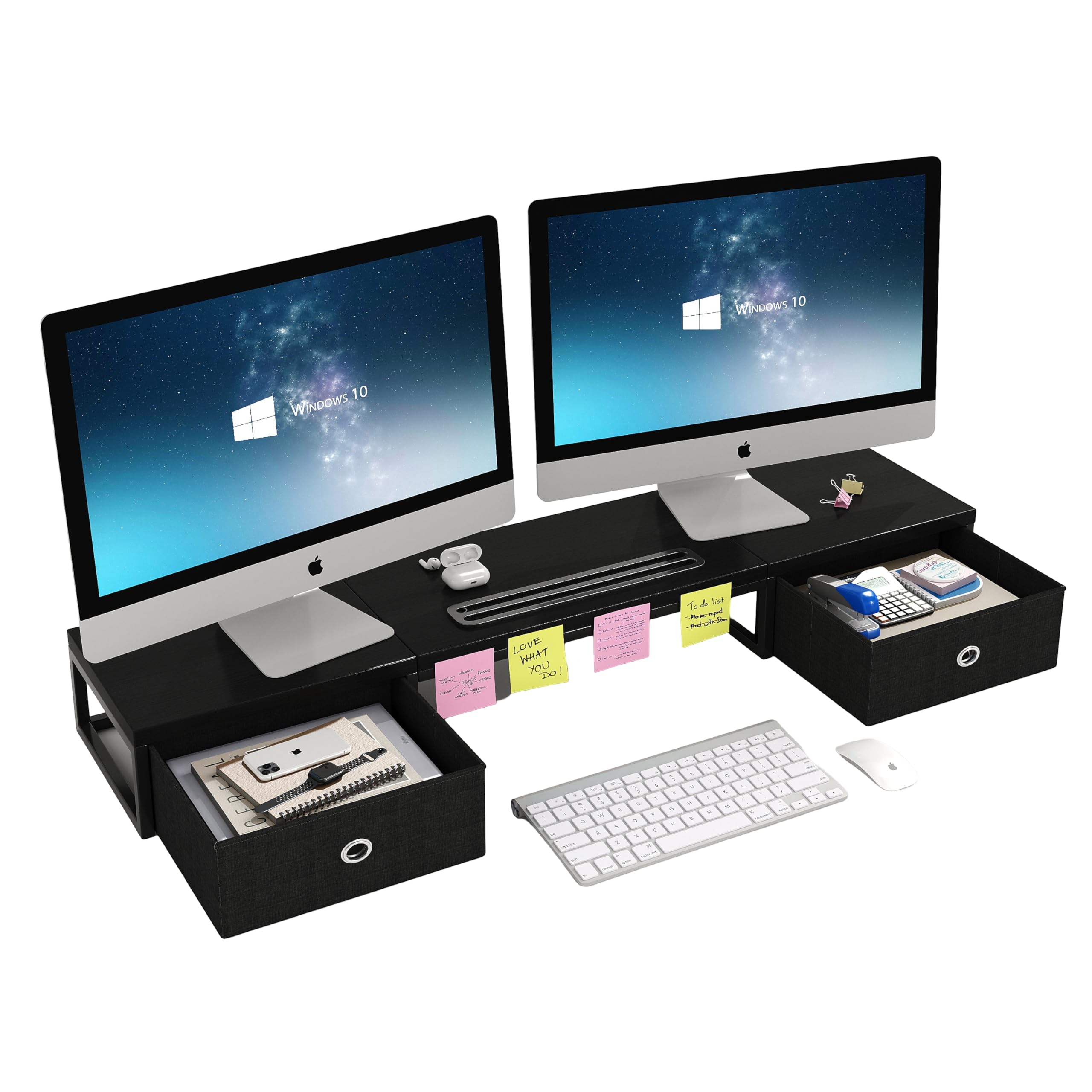 CAIYUN Wooden Monitor Stand With 2 Drawers, Riser With Smartphone Holder, 100cm Long Computer Stand, Desk for Printer (Black)