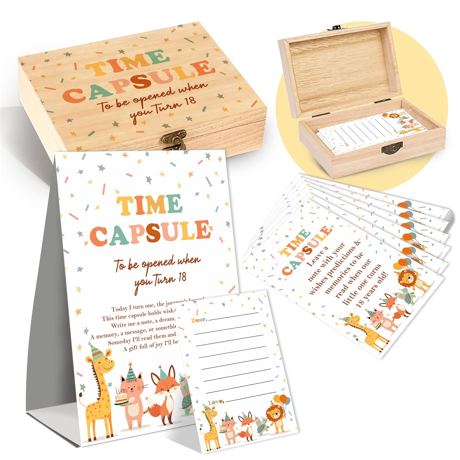 Animal Memory Time Capsule Box, Baby 1st Birthday Party Table Card with 50 Double Sided Animal Cards 1 Time Capsule Sign, Animal Milestone Memory Box, Baby First Birthday Party Memorial Keepsake