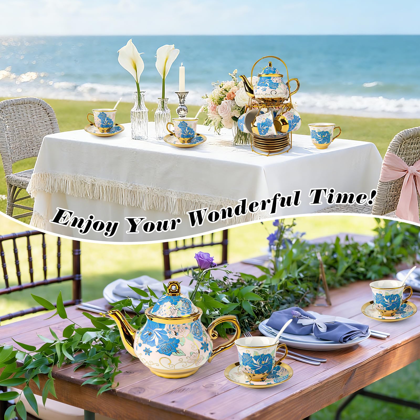 20-teiliges Porzellan Tee-Set mit Metallhalter & Löffeln – Europäische Blumenmalerei Teekanne Tassen Untertassen Set für 6 Personen, Geschenkverpackung (Blau)