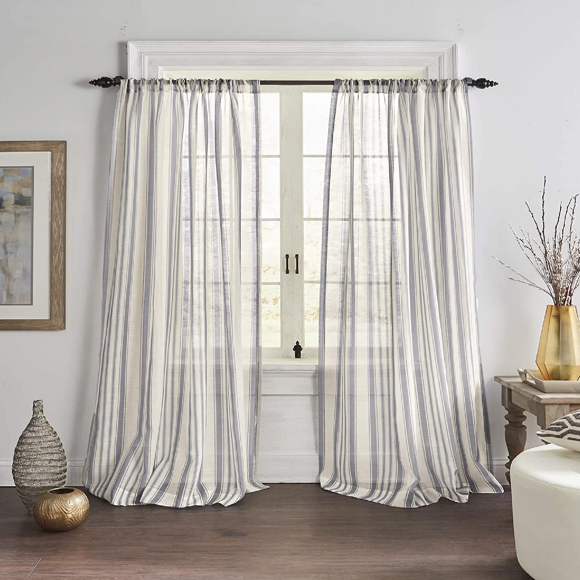 Elrene Hampton Stripe Cottagecore Window Curtain Sheer Poly Linen Blend, Grey, 52" x 84" (1 Panel)
