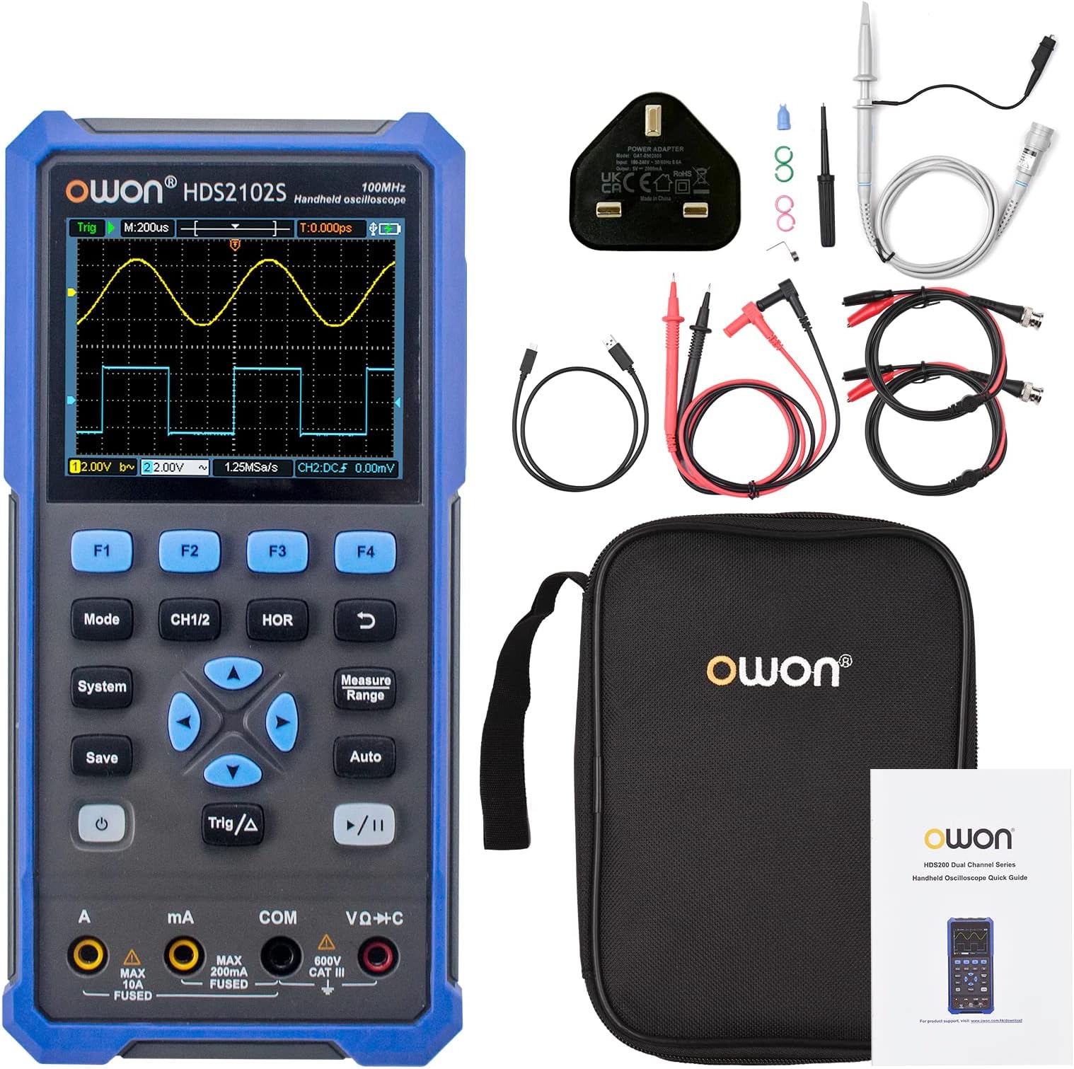 YuqiaoTime HDS200 Series Digital Oscilloscope, 2CH Handheld Oscilloscope+Multimeter+Waveform Generator 3 in one 3.5 inch USB True RMS Test (HDS2102S 2CH 100M)