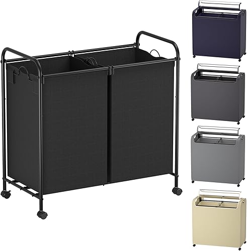 Carrito clasificador de ropa sucia sellado de 100 litros, cesta de lavandería doble con ruedas, cesta de lavandería enrollable con tapa, resistente