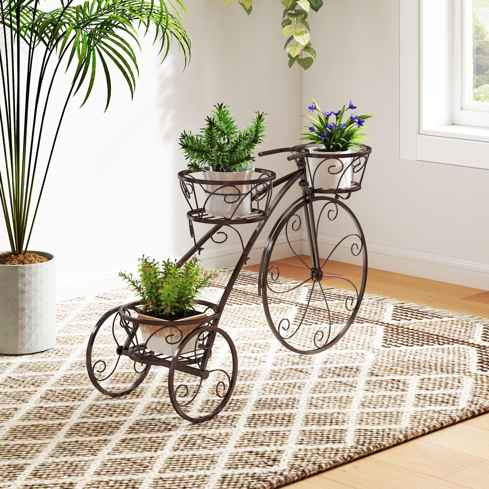 GOPLUS Pflanzenregal Fahrrad, Blumenregal mit 3 Ebenen, Blumenständer aus Metall, Pflanzenständer Blumentopfständer für Garten Balkon & Terrasse (85 x 25 x 50 cm,Bronze)