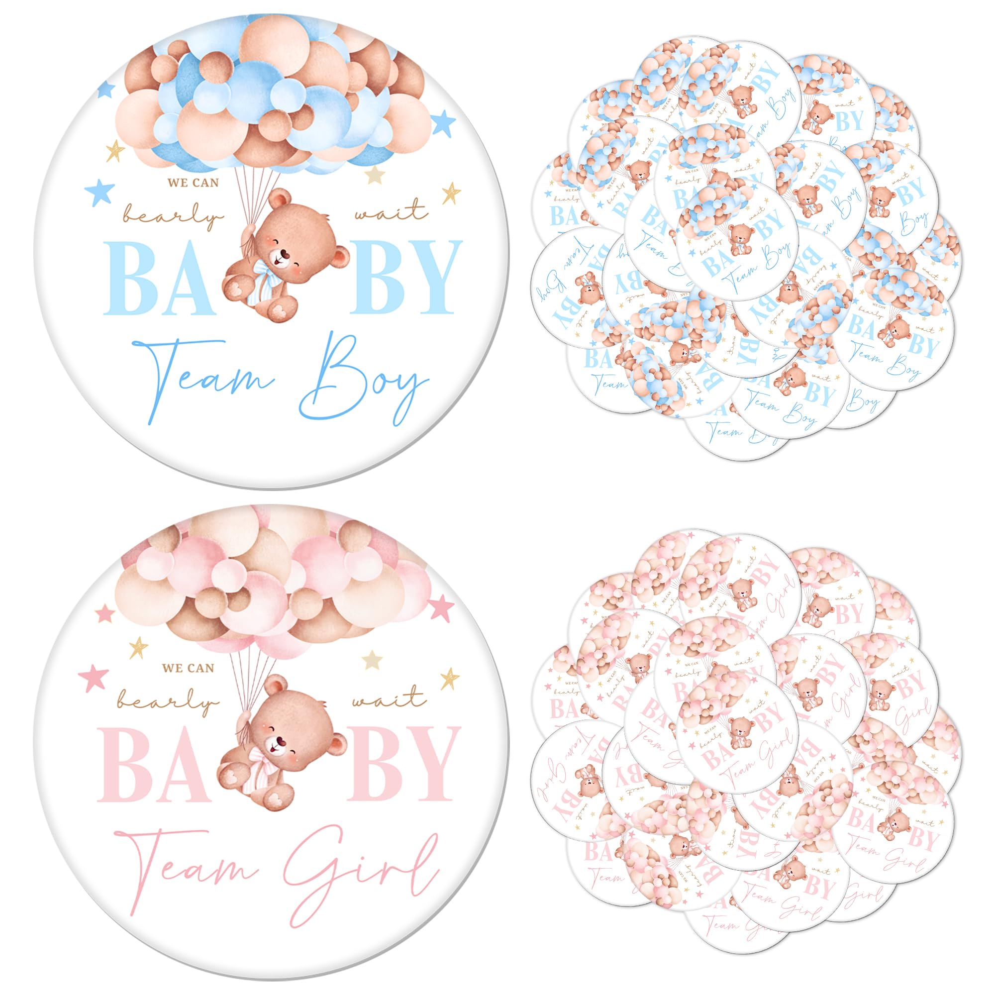 50 Pcs Bears Gender Reveal Badges Button Pins Teddy Bears Hot Air Balloon Team Boy or Girl Pins He or She Gender Reveal Decorations Pin Badge for Baby Shower Party Favor Game Supplies, 1.7 Inch