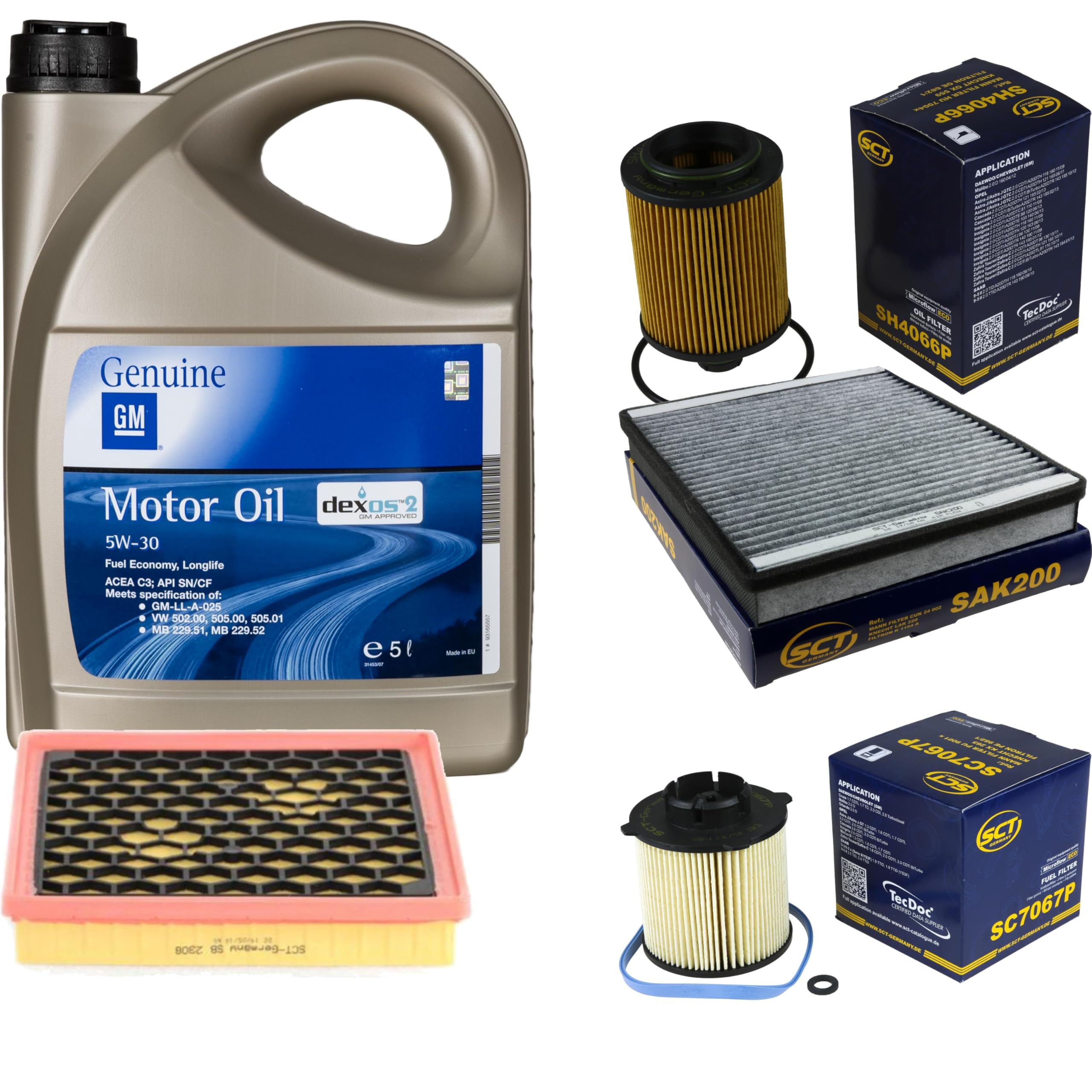 Inspektionspaket Wartungspaket Filterset mit 5L Motoröl 5W-30 Dexos2, Ölfilter, Luftfilter, Innenraumfilter (Aktivkohlefilter), Kraftstofffilter