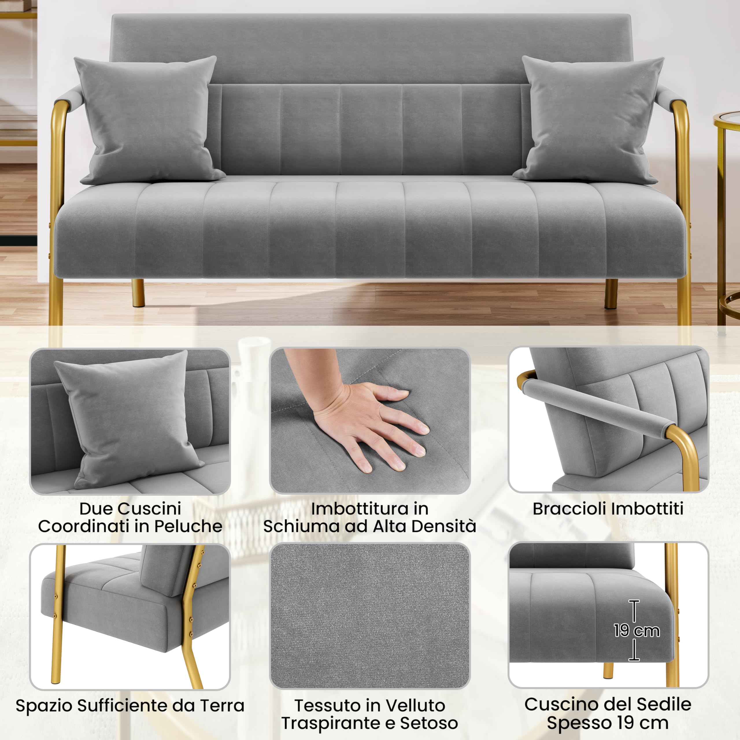 Yaheetech Divano Imbottito a 2 Posti in Velluto Divanetto da Salotto con Braccioli 143,5 cm × 71,5 cm × 75,5 cm Sofa Moderno con 2 Cuscini Divano per Soggiorno Camera da Letto Grigio Chiaro