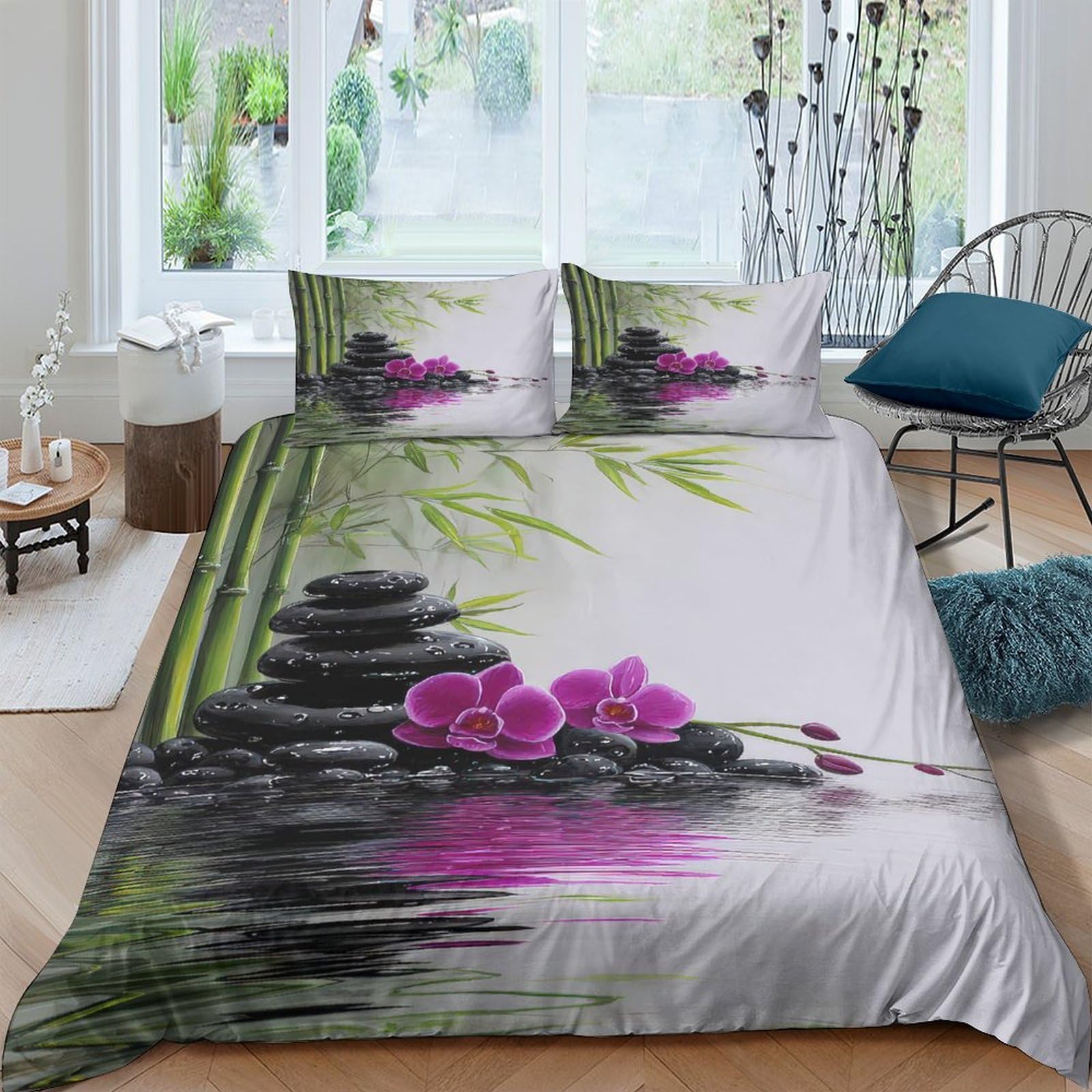 Ctjqhvkz Style-9 3D Printed Zen Bamboo Fitted Sheet Microfiber Soft Orchid Stone Mattress Cover For Bedroom Guest Room Decor Washable Single（135X200cm）