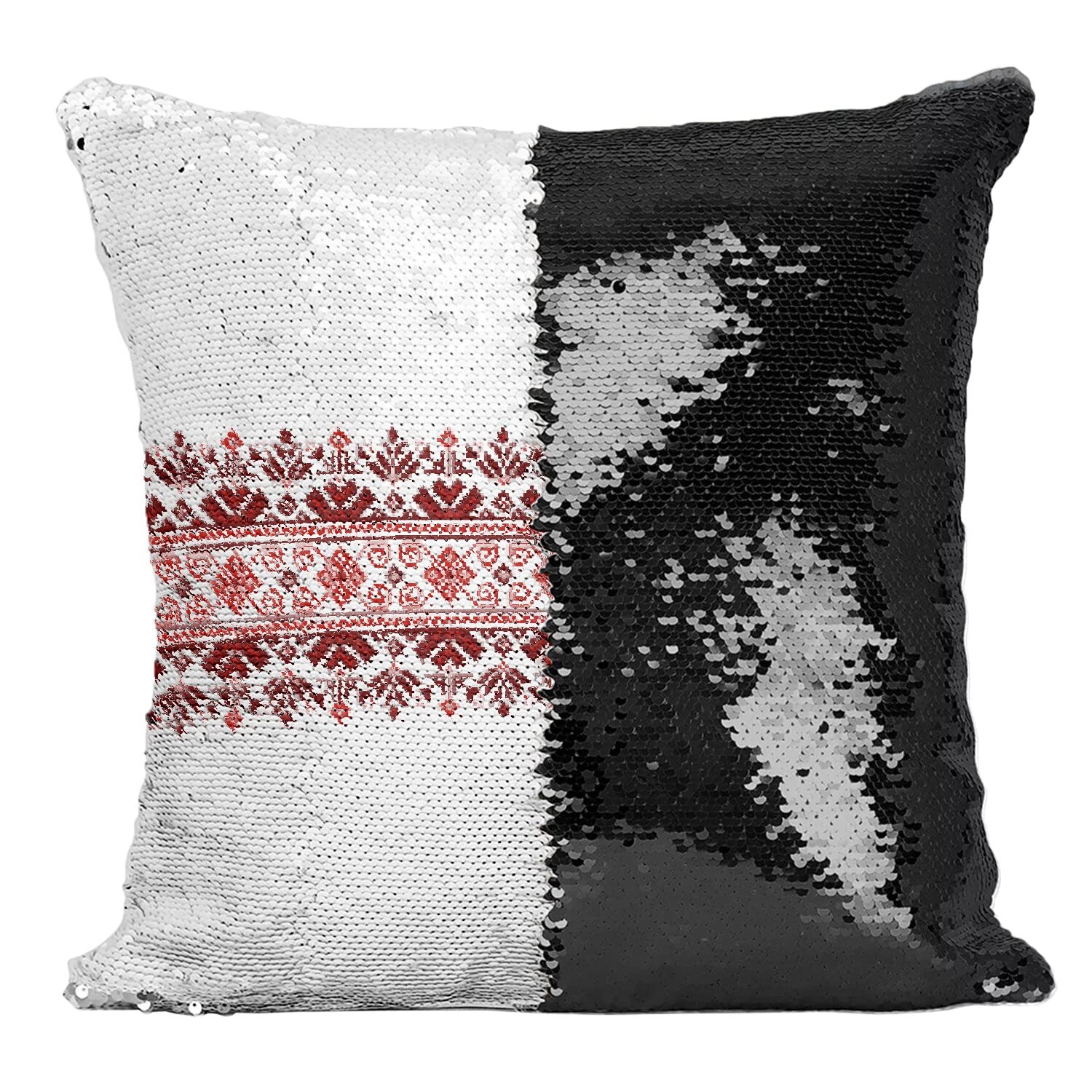 Coussin sequin paillettes noir et rouge azteque pour decoration canape