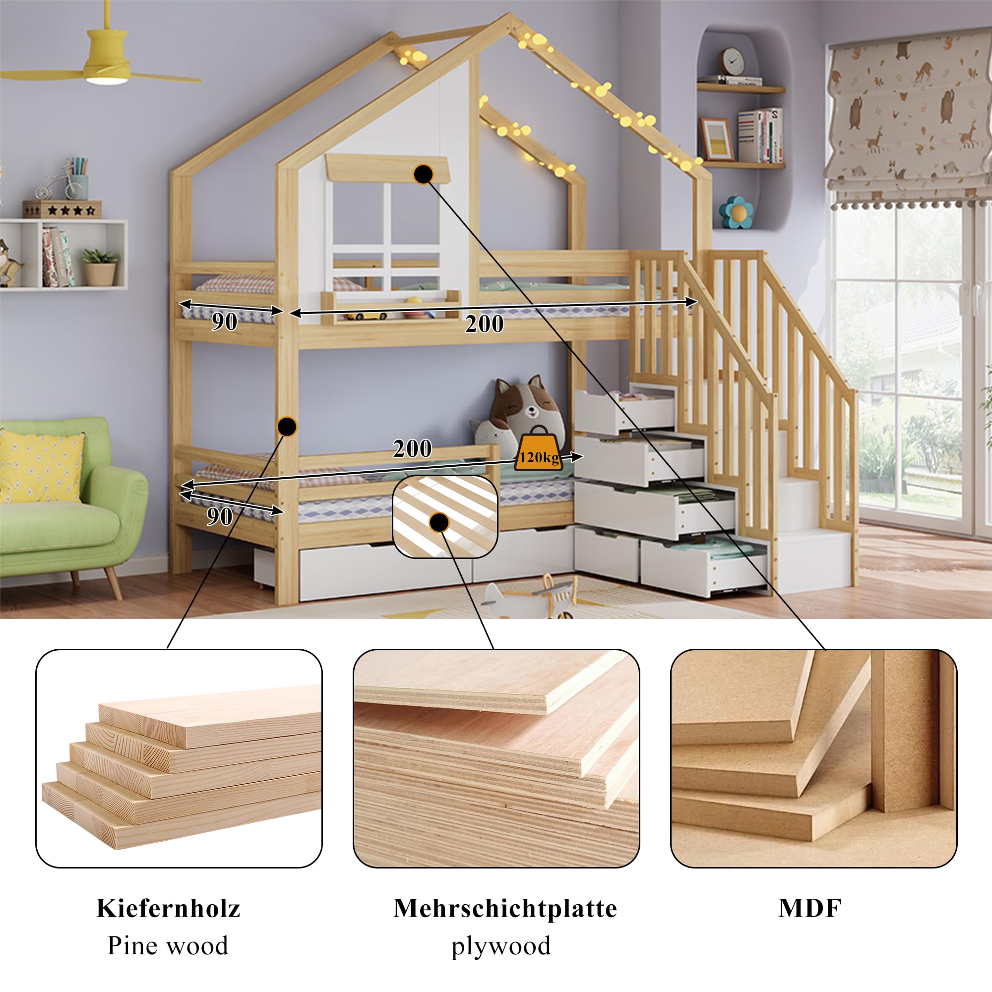 Etagenbett Kinderbett 90x200 cm, Hochbett mit Stauraum Treppe & Mehrere Schubladen, Holzbett Jugendbett mit Fenster, Handläufen Sicherheitsleiter & Rausfallschutz, Weiß+Natur, ohne Matratze