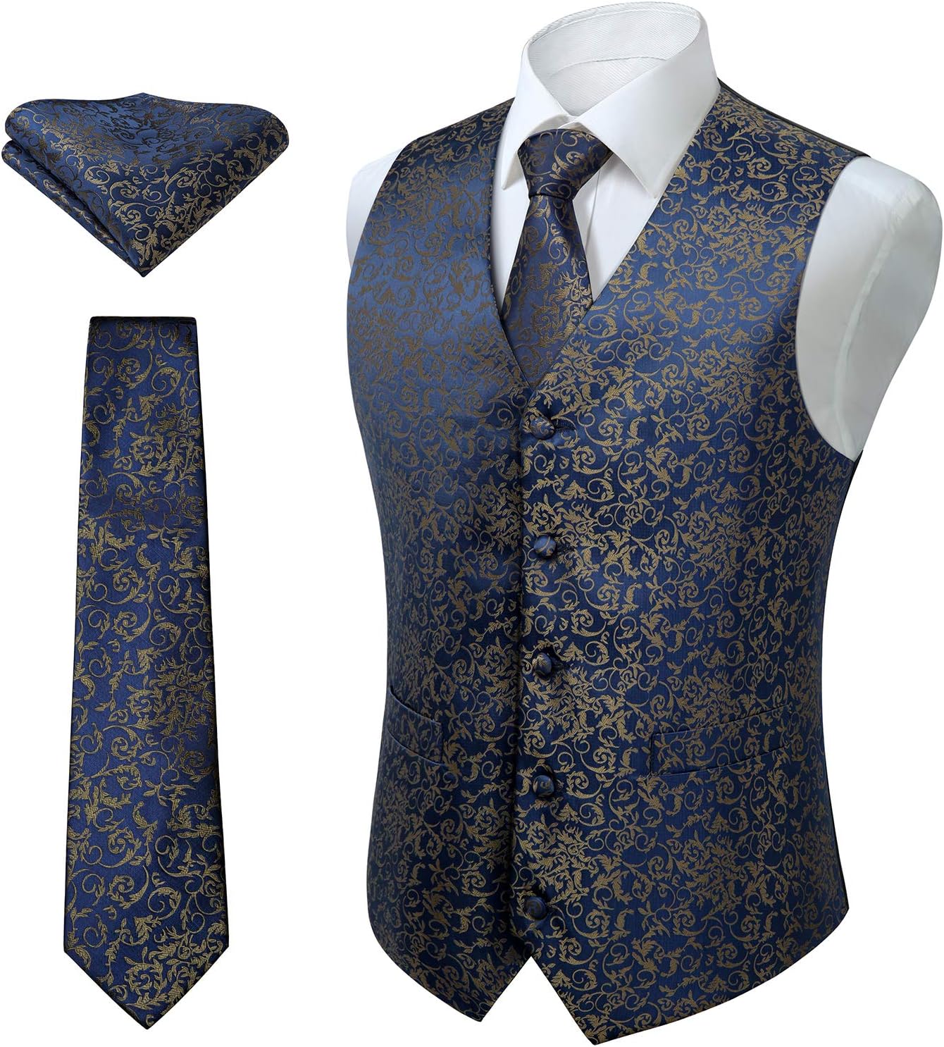 HISDERN 3PC Men's Paisley Floral Jacquard Suit Vest & Necktie and Pocket Square Formal Waistcoat for Tuxedo Wedding Party… - Image 8