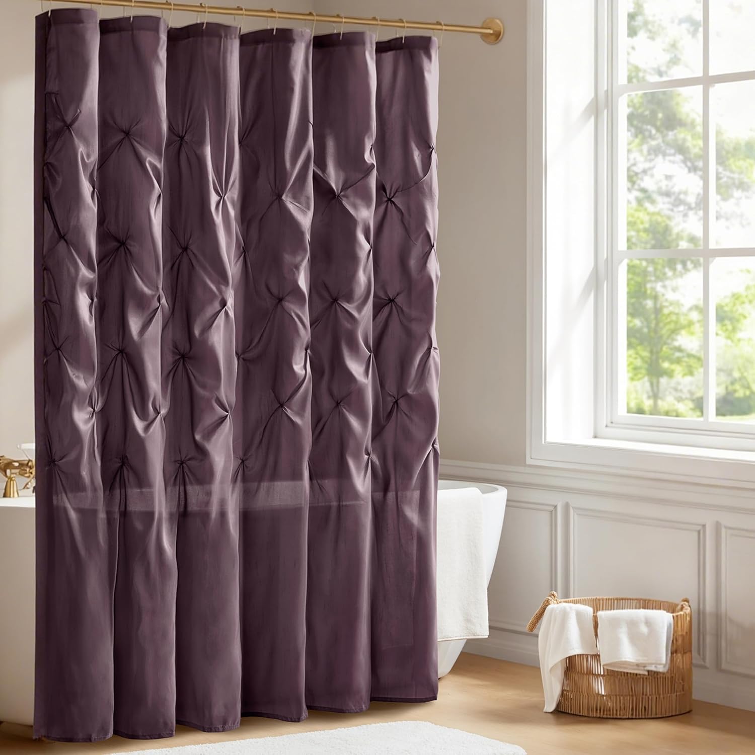Madison Park Laurel Semi-Sheer White Shower Curtain – Lightweight Faux Silk Fabric, 72x72 in, Light Filtering, Modern Style Bathroom Curtain Textured Tufting Detail Modern Mid-Century Bathroom Decor