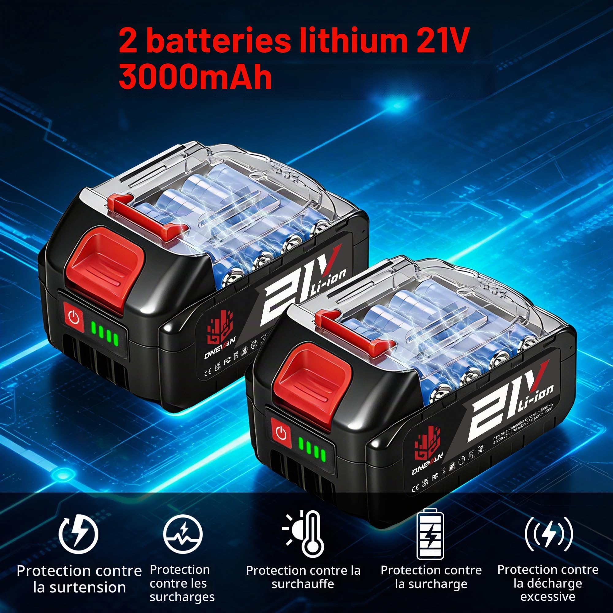 ONEVAN Pompe à Eau sans Fil avec Perche Télescopique, 2x 3,0Ah Batteries | Débit de 2740 l/h, hauteur de refoulement de 10m, tube télescopique de 90 cm, brushless, pour le drainage et l'irrigation