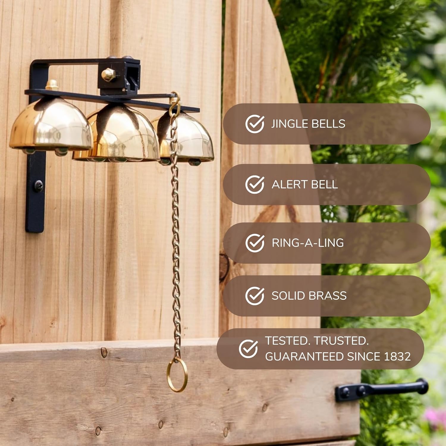 Bevin Bells Garden Bell/Shopkeepers Bell/Dinner Bell, | Made of Brass Steel | Three clappers Inside Each of Three gongs | Wall Mounted Doorbell | Indoor Outdoor Use | Made in USA (40106)