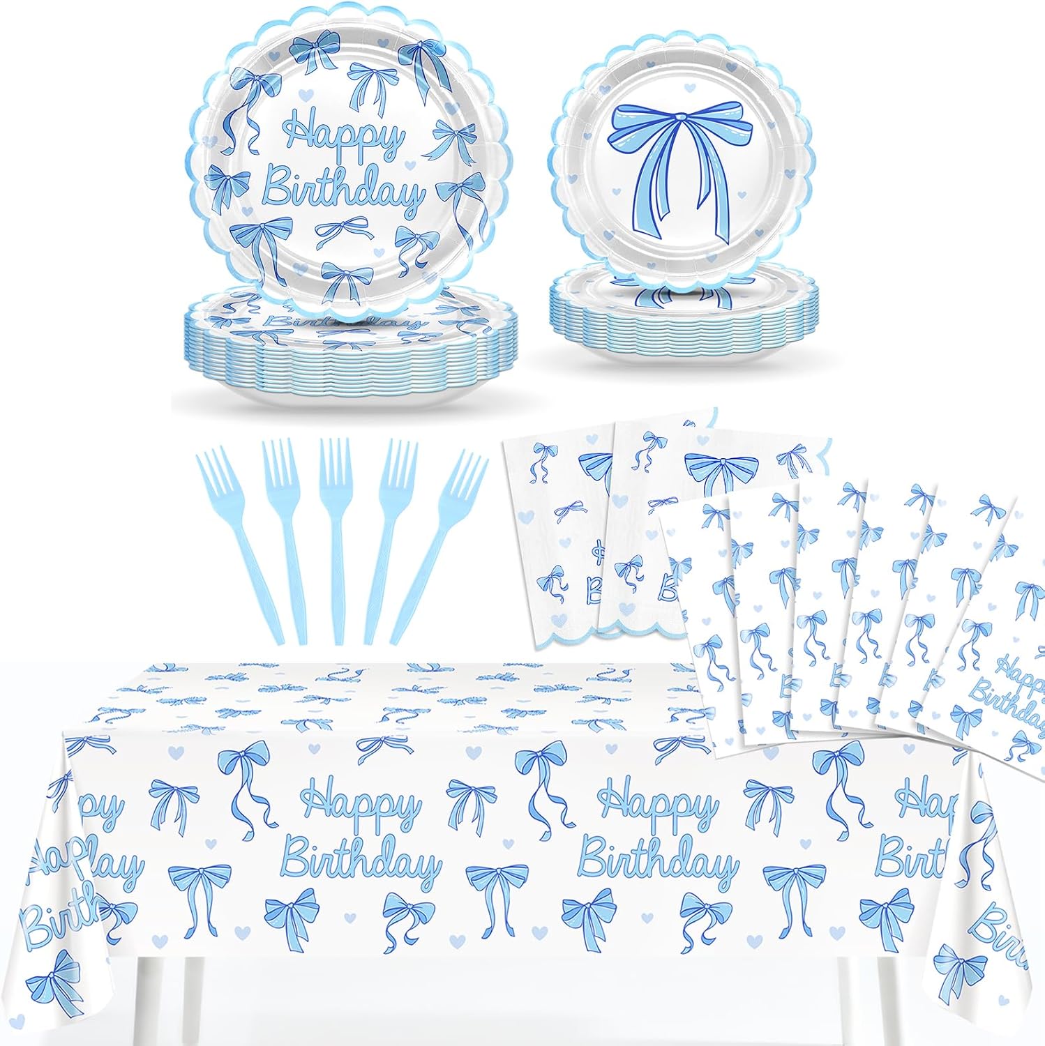Avezano Blue Bow Birthday Party Tableware and Happy Birthday Tablecloths Bundle