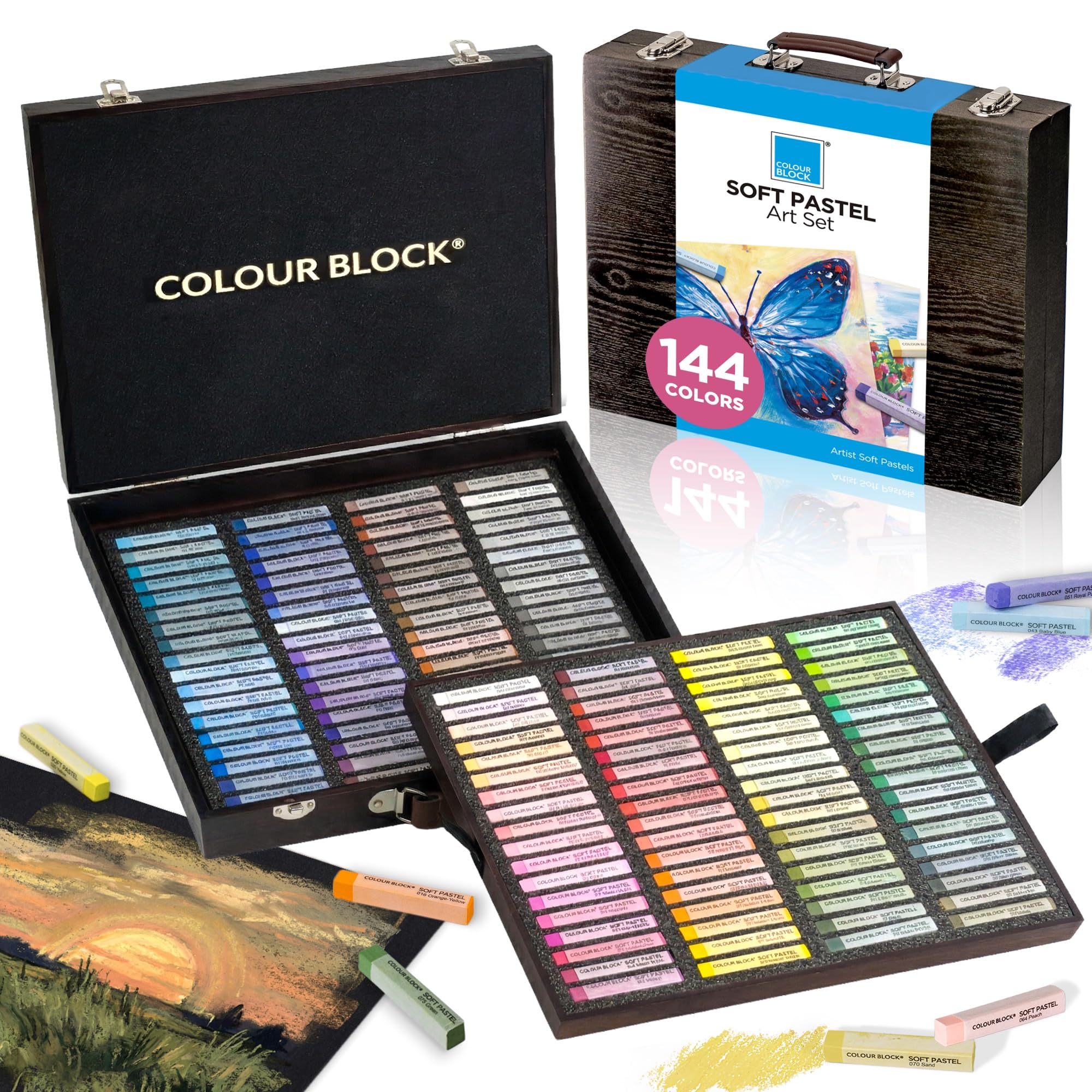COLOUR BLOCK 144 Colors Soft Pastels Set, Wooden Box, Artist Chalk Pastels