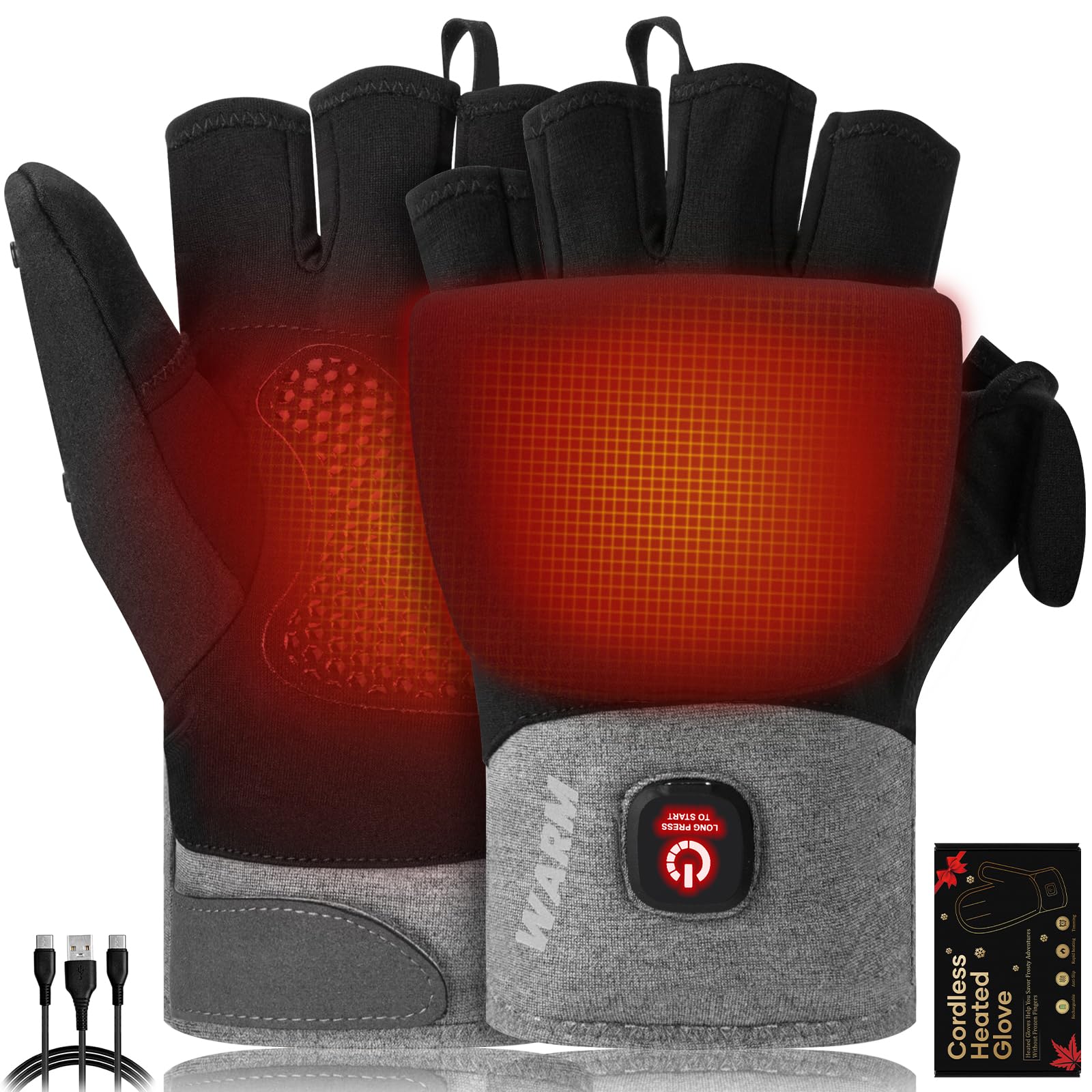 Heated Gloves for Men Women, Rechargeable Detachable Full & Half Hands Heated Glove Fingerless Electric Heating Gloves Hand Warmer for Work, Hunting, Skiing, Outdoor Work