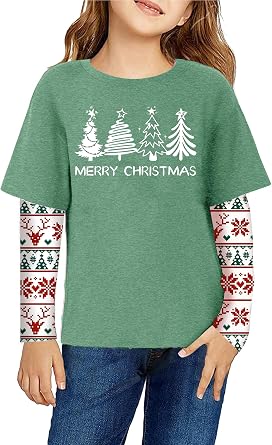 Christmas Shirts for Kids Girls Boys Christmas Tree Graphic Tee Xmas Long Sleeve Stripe Plaid Tops