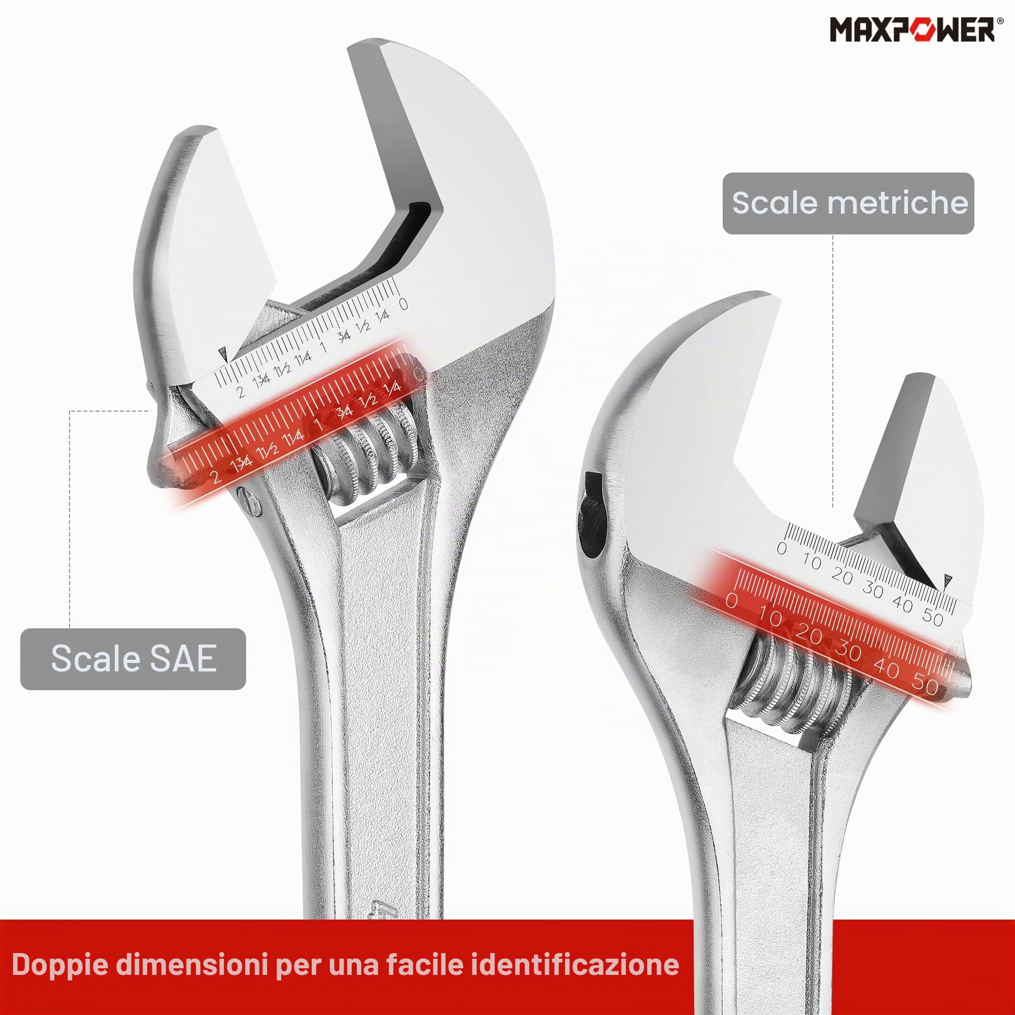 MaxPower Chiave Regolabile da 18" (450 mm), Chiave in Acciaio Cr-V con Apertura da 55 mm, Chiave Professionale con Scala Metrica e SAE per Impianti Idraulici