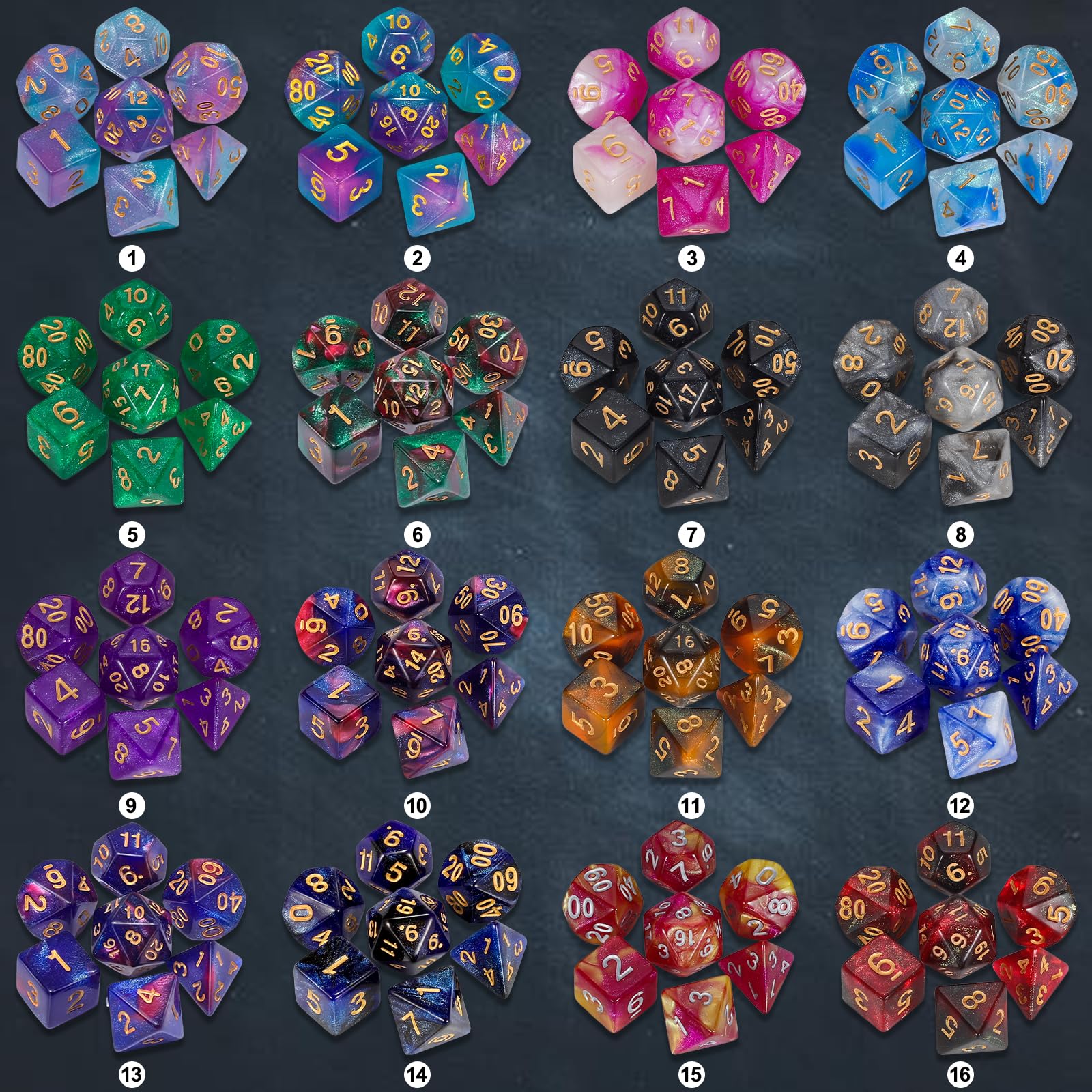 YILAIDA Dés polyédriques, 182 pièces – 26 couleurs jeux de rôle paillettes dés pour DND RPG MTG Jeux de table Dice D4 D6 D8 D10 (00-90 et 0-9) D12 D20