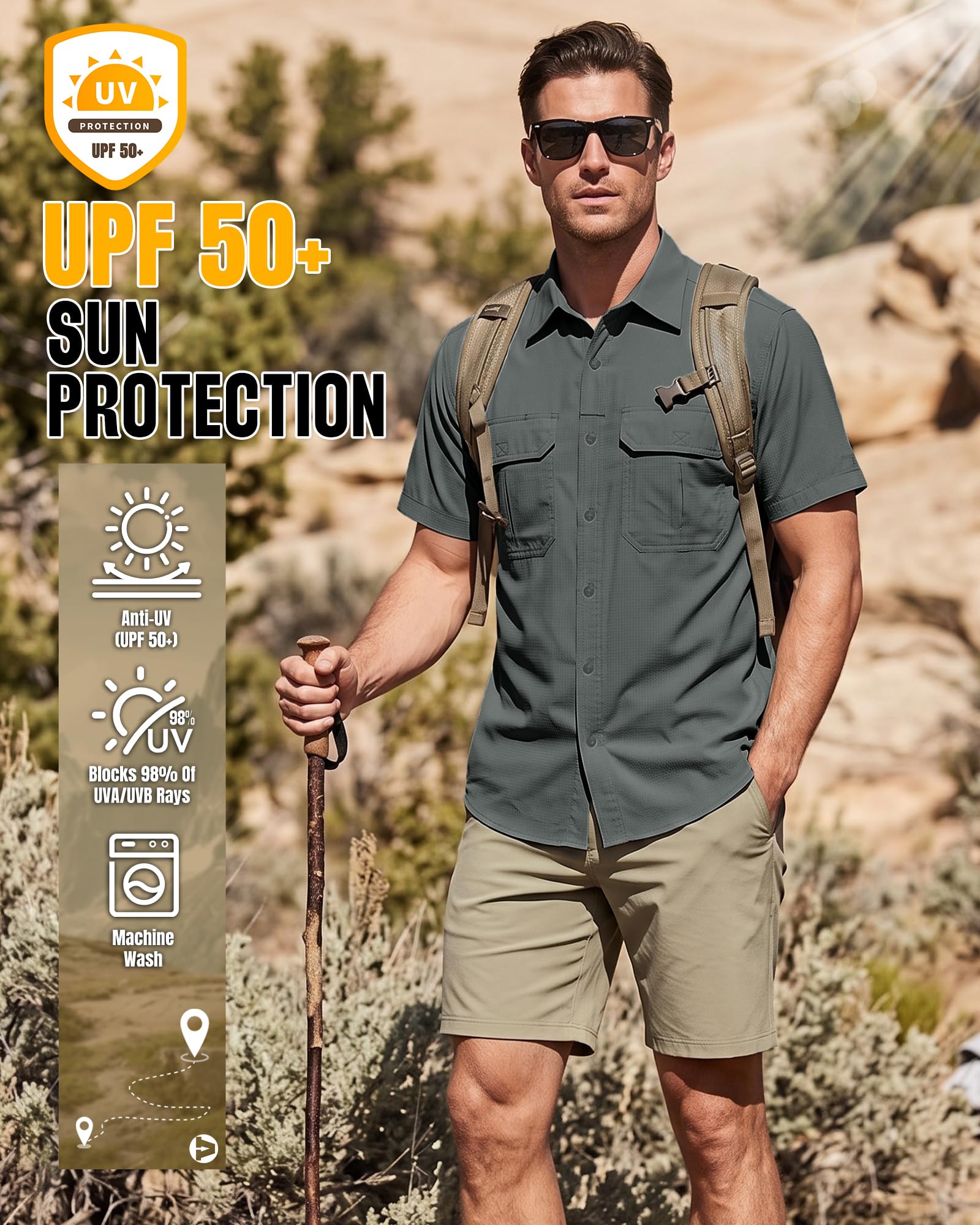 Outdoor Ventures Camisa de Pesca Ligera de Manga Corta para Hombre, UPF 50, con Botones, de Secado rápido, para Senderismo, Viajes, Safari, Gris Sombra, Small