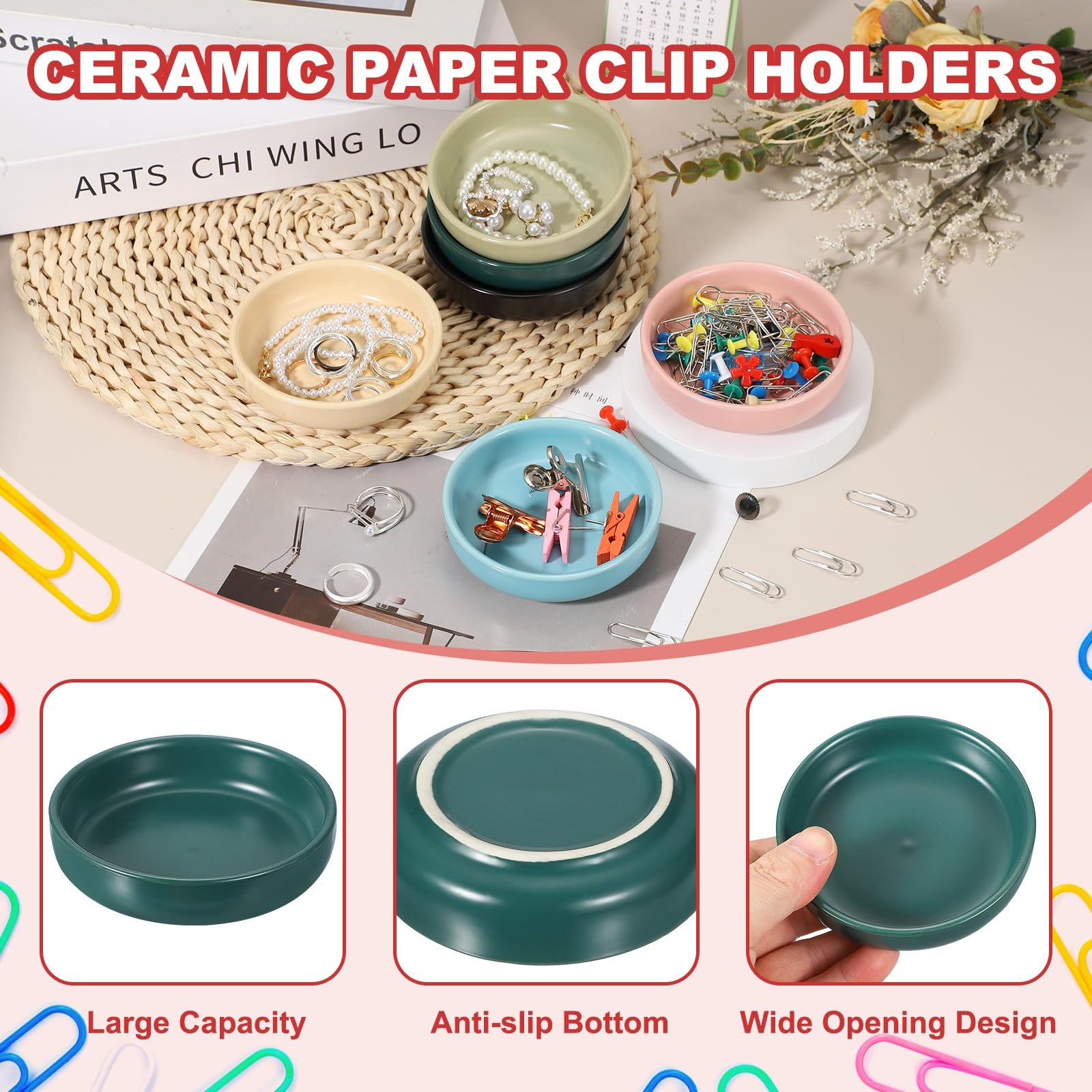 PATIKIL Round Paper Clip Holders, 2 Pcs Ceramic Clip Dispenser Organizer Desk Organizer Accessories for Office Desktop Decor Bobby Pin Binder Paper Clamp, Dark Green - Image 3