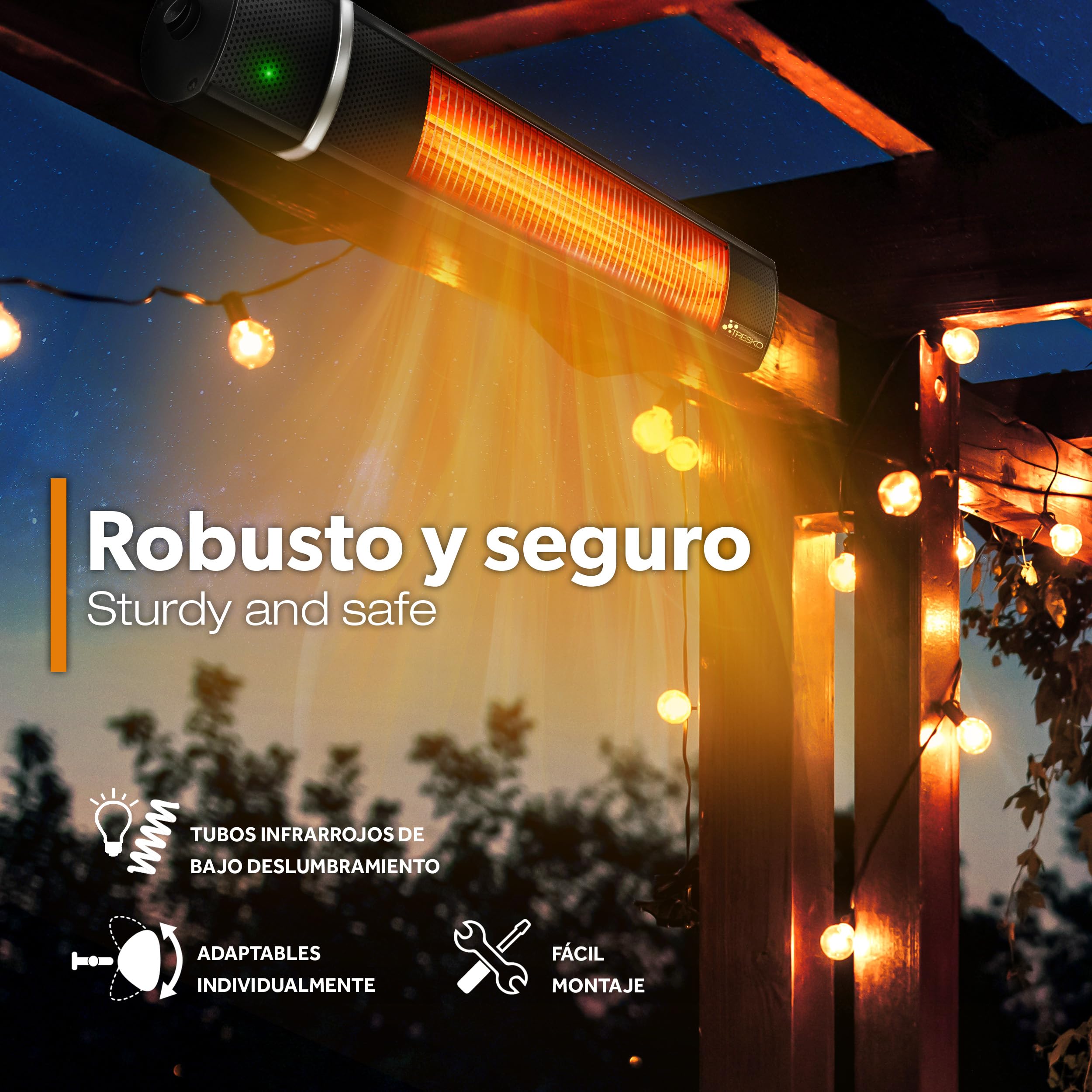 TRESKO Calefactor por Infrarrojos de Pared | 2000W + Control Remoto | Estufa Radiante con 3 Temperaturas | Radiador Eléctrico para Exterior e Interior | Calentador de Cuarzo (Negro)