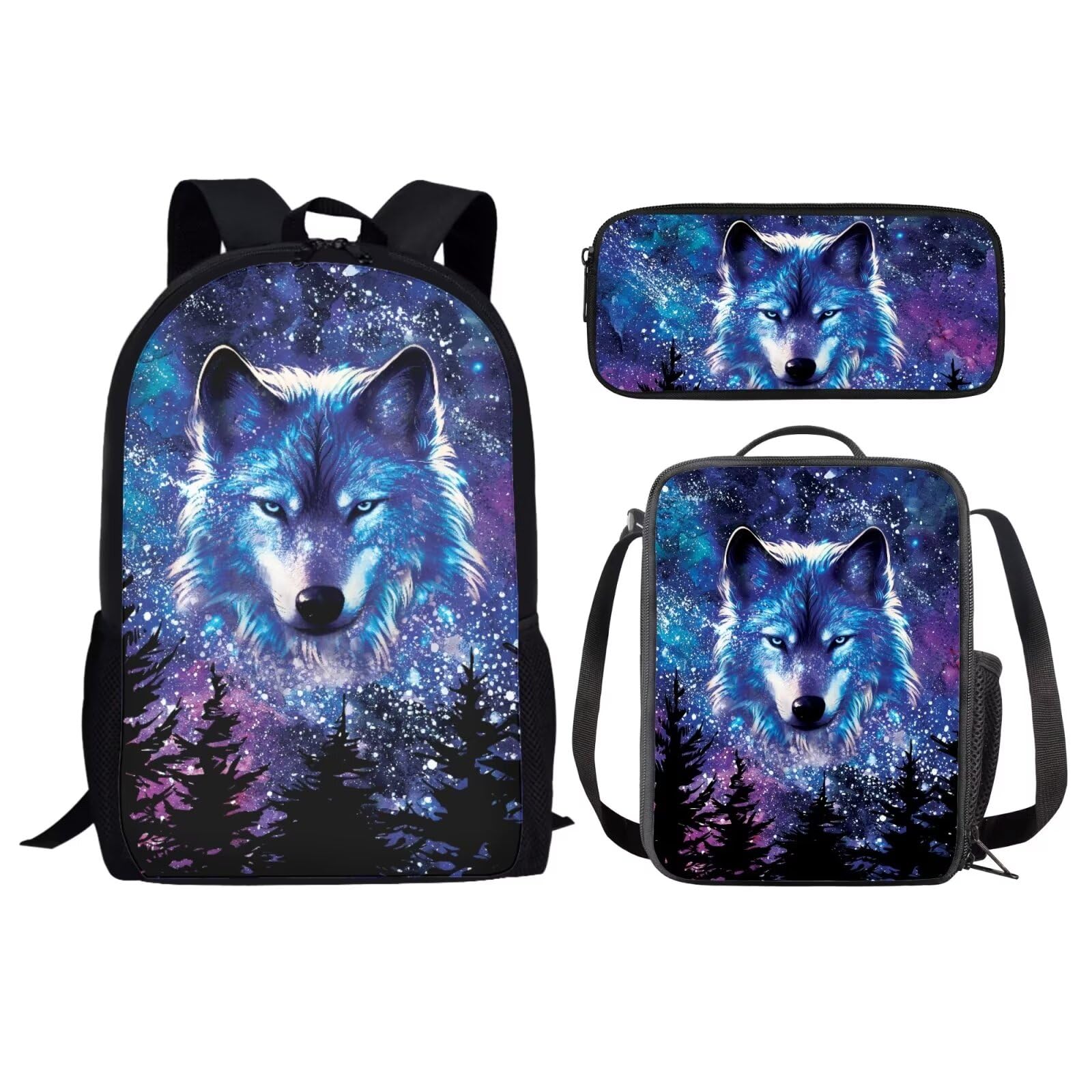 Renewold Wolf Forest Print School Bag Set, Set 3 in 1 Back to School Supplies, Backpack with Side Pocket, Bookbag Reusable Insulated Lunch Tote Bag Pencil Case Set, for Kids Teen Junior Girls Boys