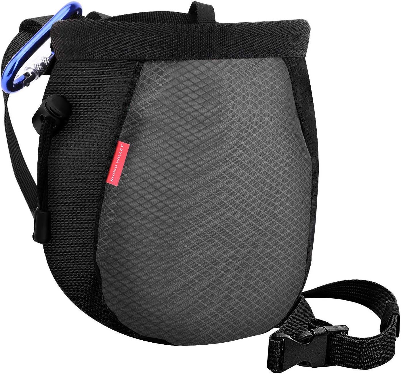 Rhino Valley Climbing Chalk Bag, No Leak Drawstring Chalk Bag with Adjustable Belt, Carabiner Clip and Zippered Pockets Chalk Bag for Rock Climbing, Cross Fit, Weight Lifting & More
