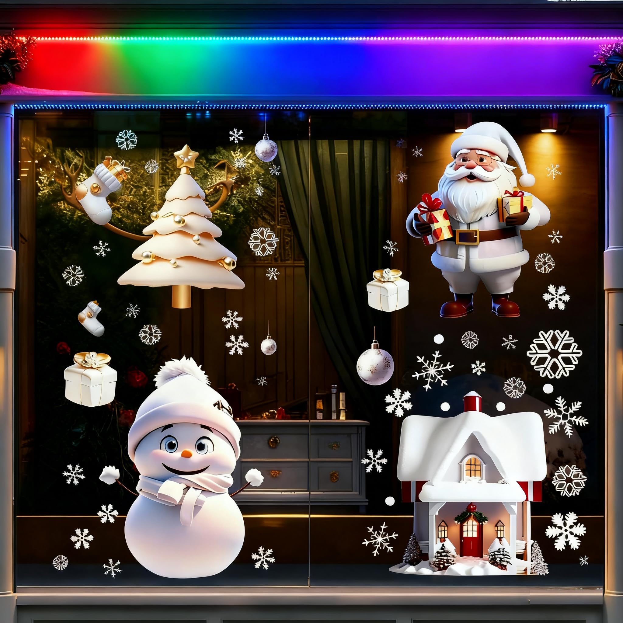 Lot De 114 Autocollants Fenêtre Noël - Flocons De Neige, Père Noël, Sapins - PVC Réutilisable, Sans Colle, Facile à Poser