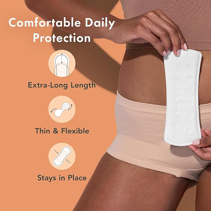 Rael Panty Liners for Women are organic cotton pantiliners designed for light absorbency. They come in a pack of 60 count and are extra long for added coverage and protection. The liners are made with a chlorine-free and unscented organic cotton cover, making them safe and gentle for sensitive skin.