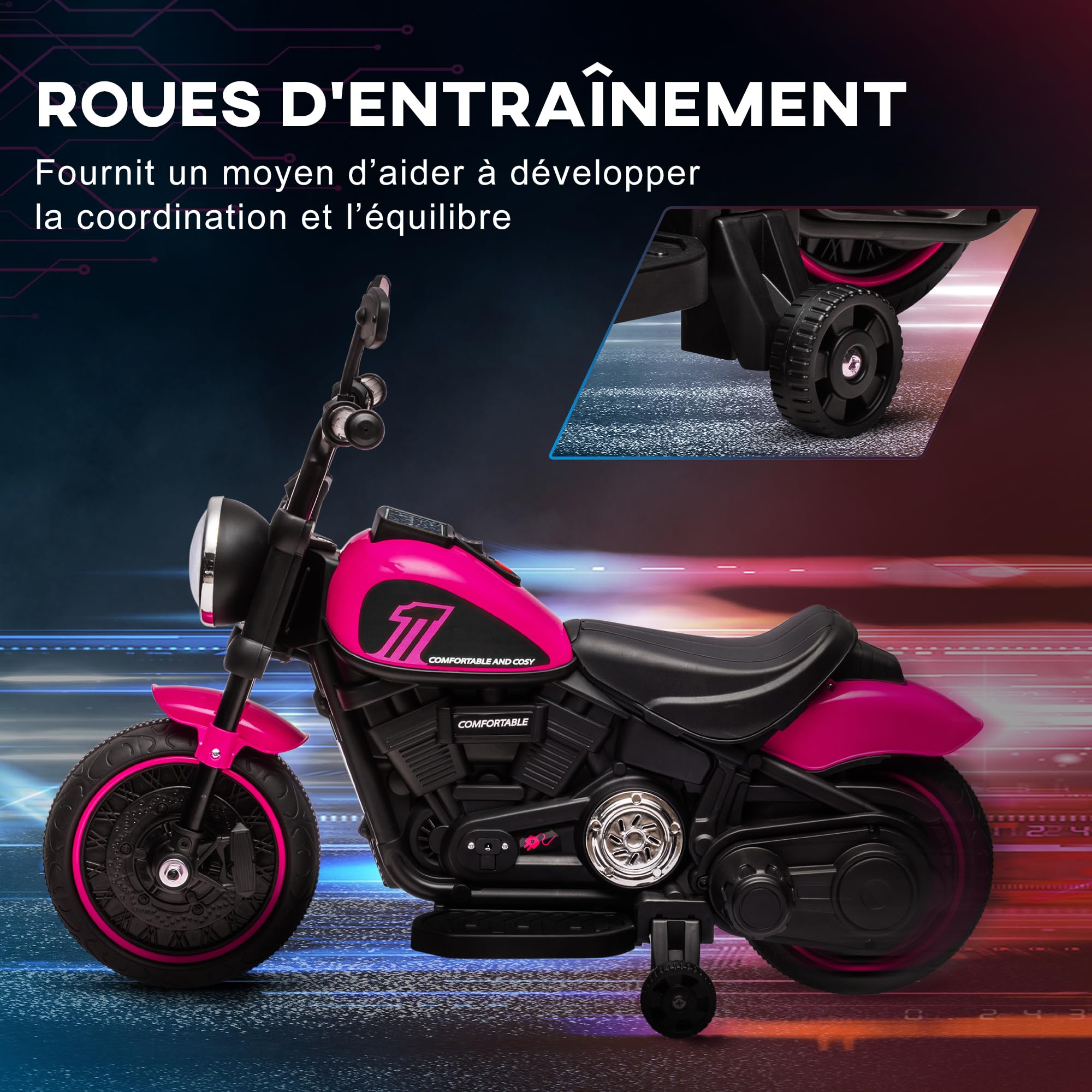HOMCOM Voiture électrique pour Enfants 6V 3 km/h avec Phare LED Charge Max. 25 kg 2 Roues d'entraînement Rose