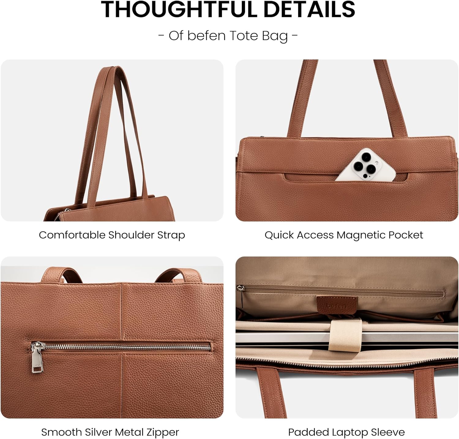 befen Genuine Leather Tote Bag for Women Work, Women's Tote Handbags Leather Shoulder Purses Satchel with Compartment - Image 6