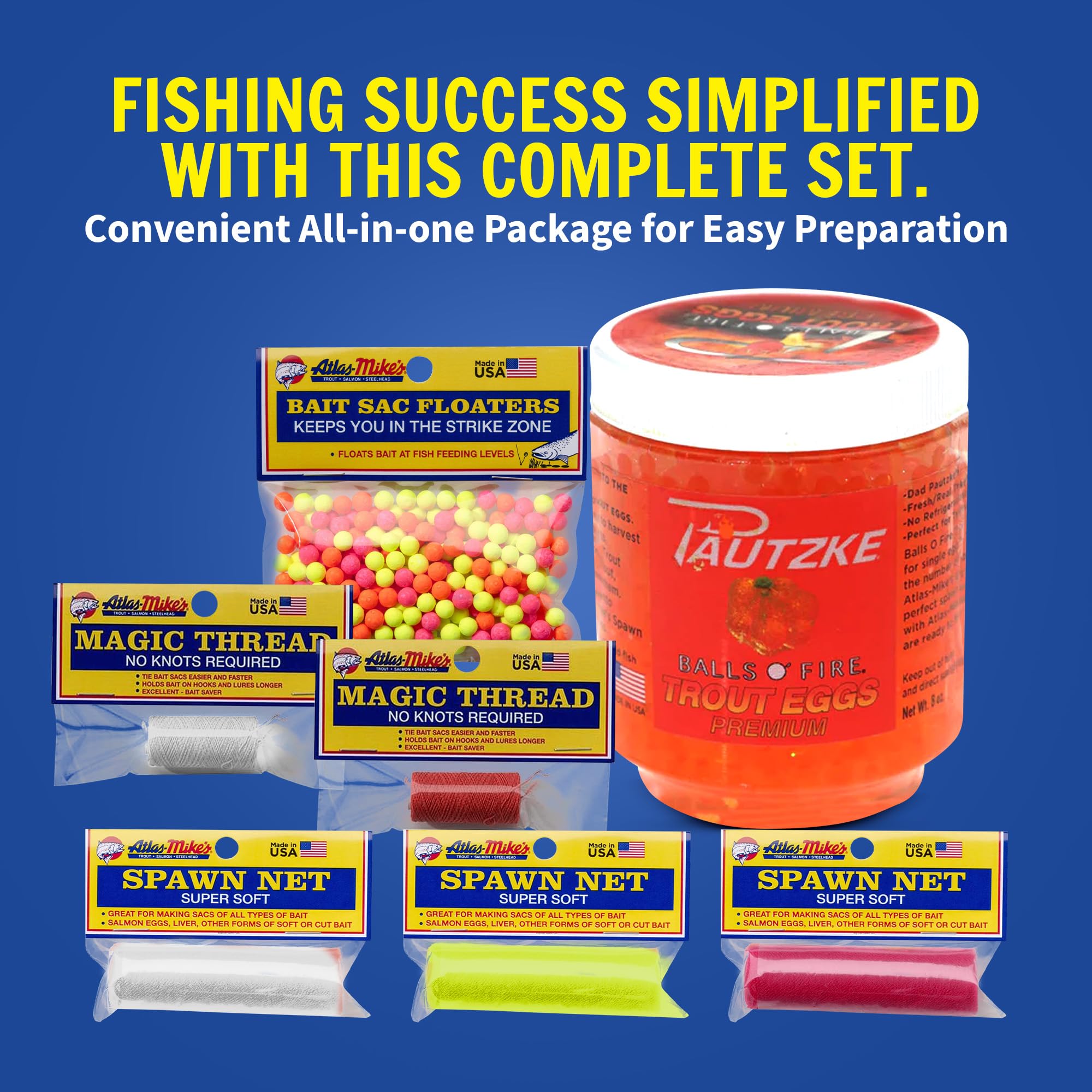 Lurwind Salmon Trout Fishing Build Your Own Spawn Sac Kit Bundle - Includes Atlas Mike's Magic Thread, Assorted Bait Sac Floaters, and Natural Trout Eggs - Includes I'd Rather Be Fishing Sticker
