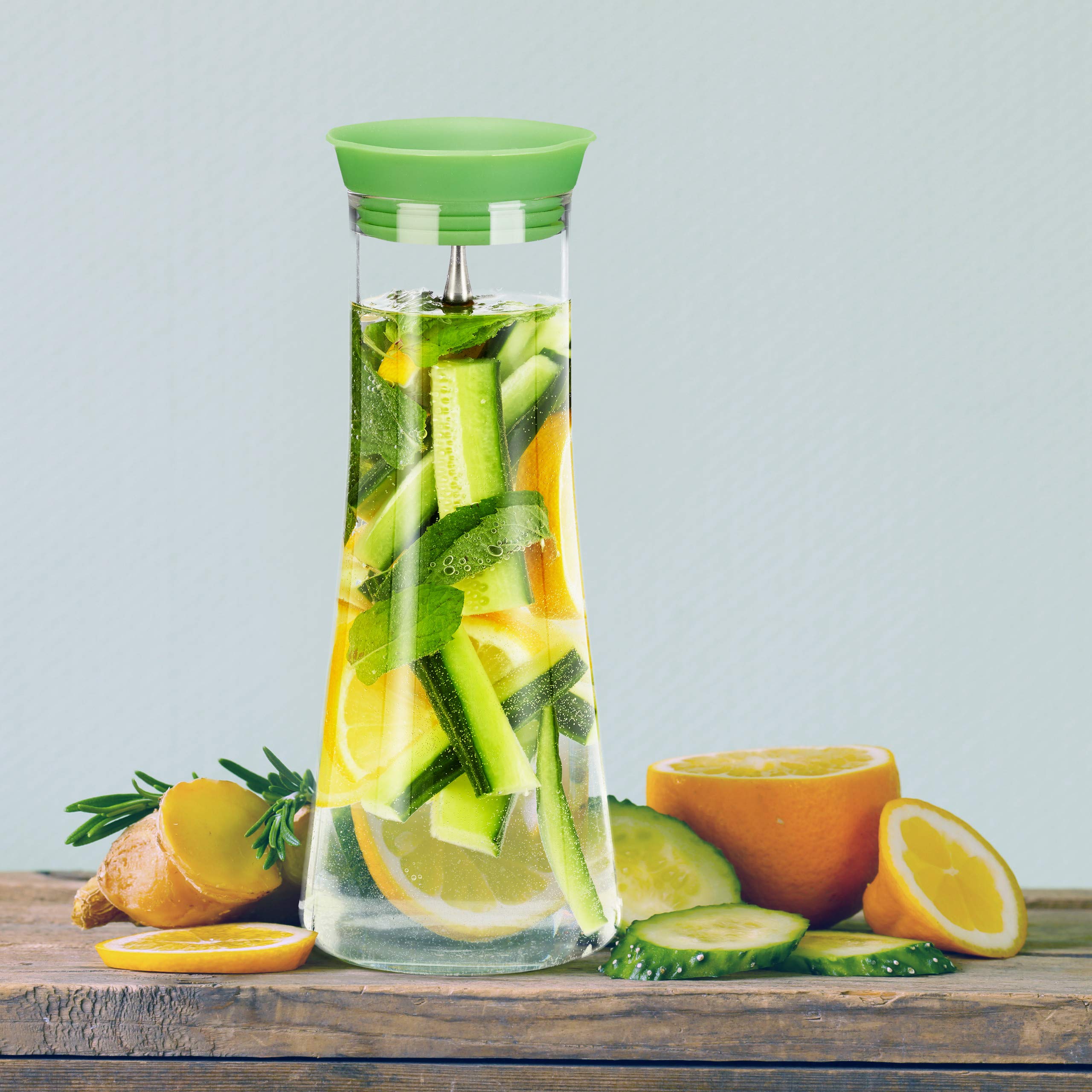 Relaxdays Glaskaraffe zylindrisch, 1 Liter, Gastro, Edelstahl Ausgießer, feines Kristallglas, spülmaschinenfest, klar