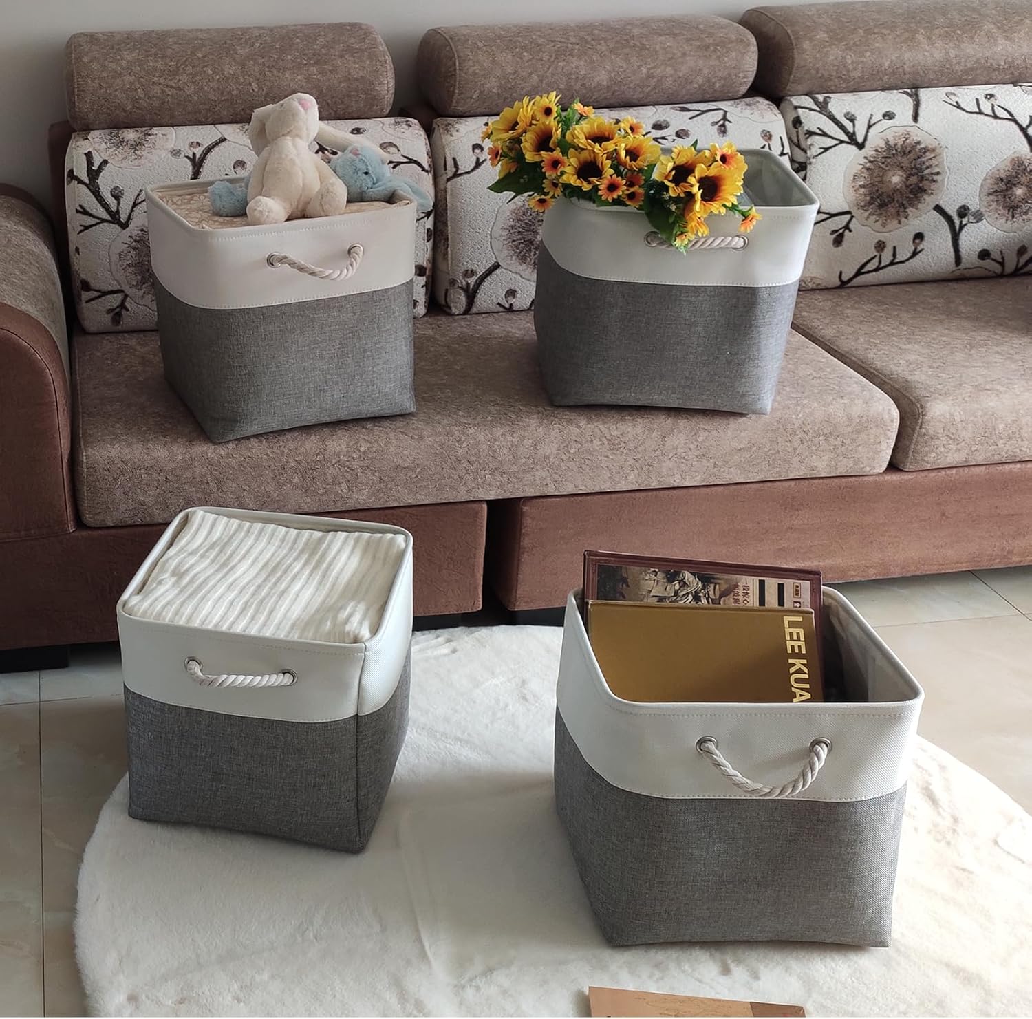 fabric storage cubes 13 x 13, collapsible storage bins for shelf baskets, cube storage organizer white gray bins with cotton handles, foldable storage bin box, cube storage bin 6 pack 13*13*13inch white gray