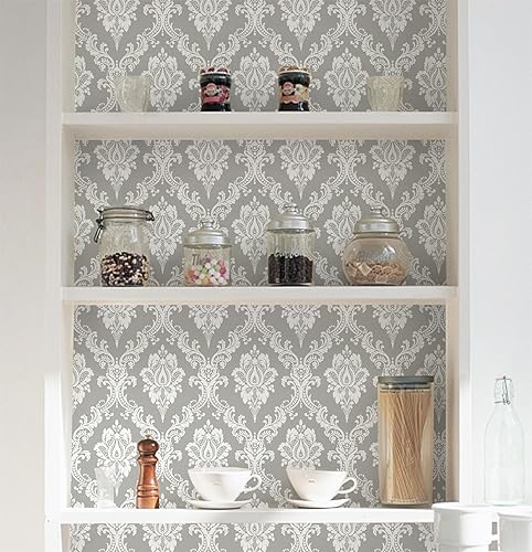 Miniatura 6 de Micpolo Papel tapiz adhesivo gris y blanco para armarios y cajones, papel tapiz de damasco extraíble, papel tapiz de despegar y pegar para